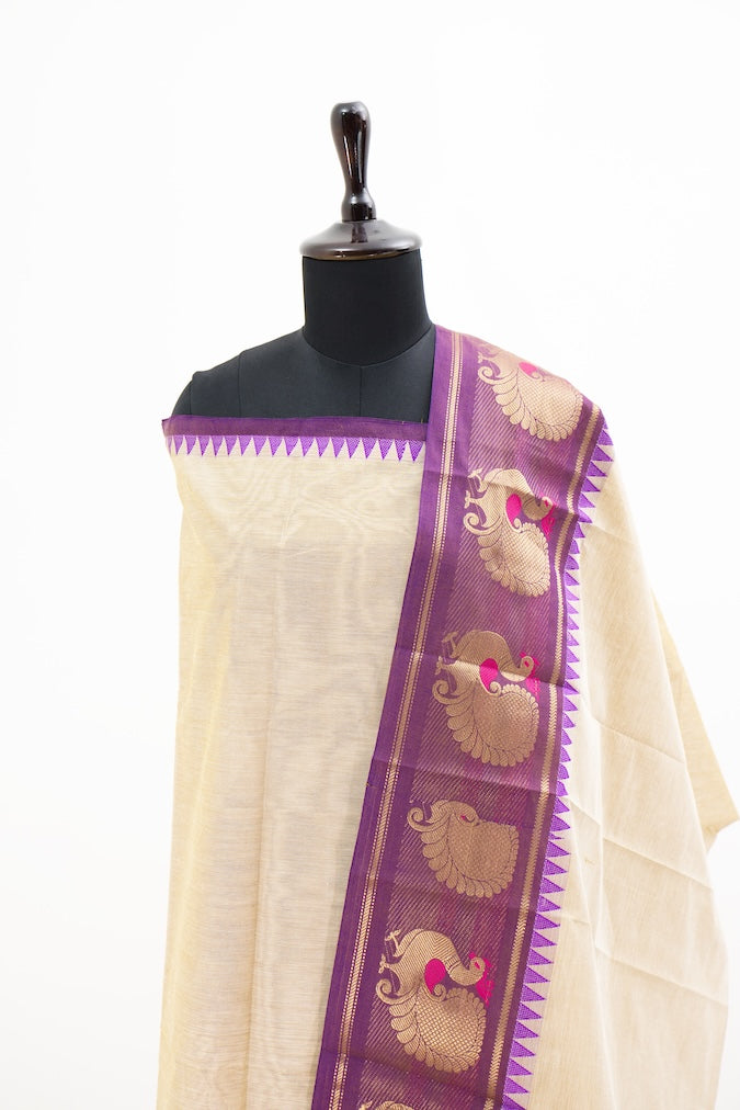 Beige with Purple border Chettinad Cotton Unstitched Salwar Suit - #NC041