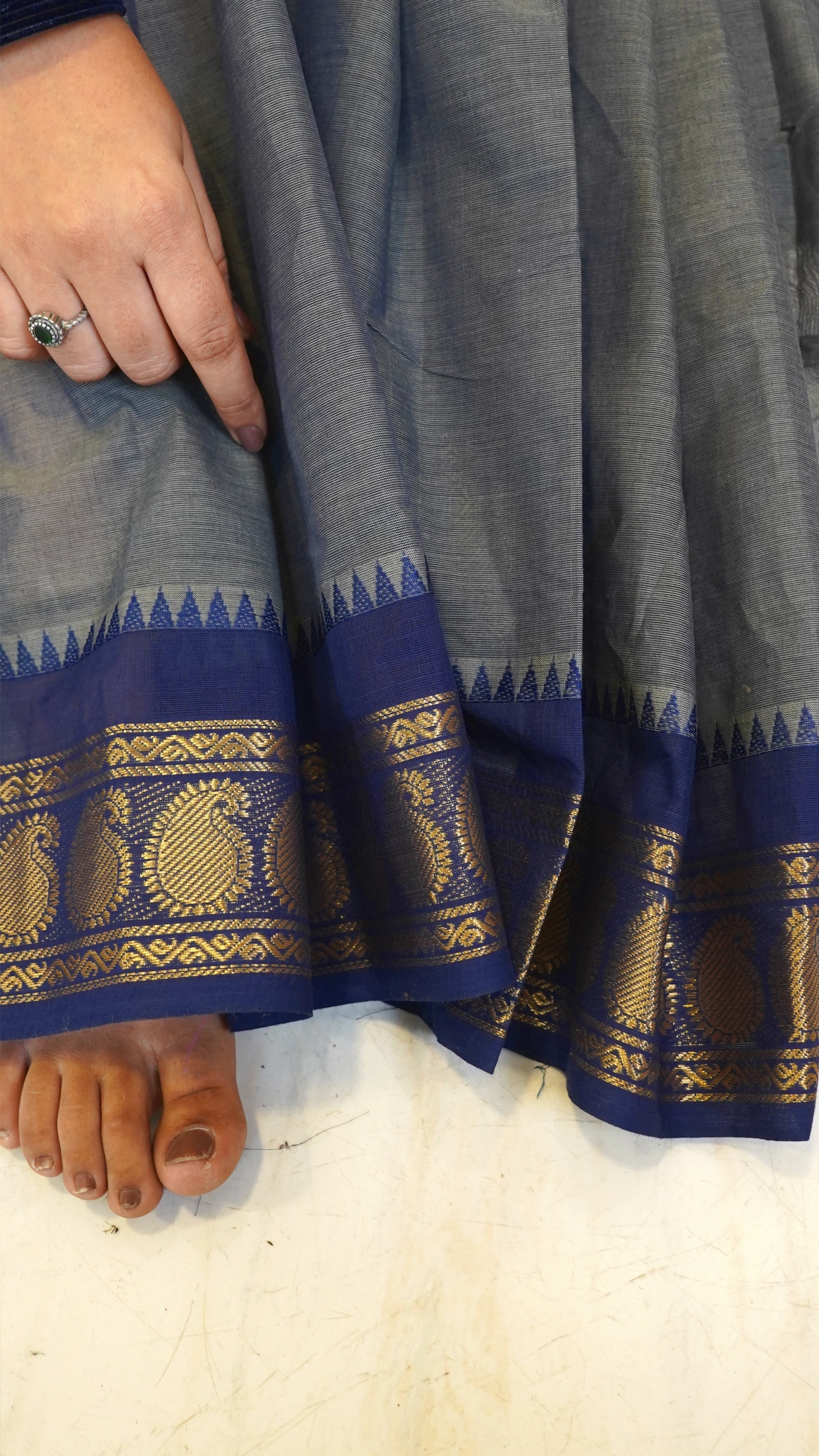 Gray with Navy Blue Border Chettinad Cotton Saree-#NS034