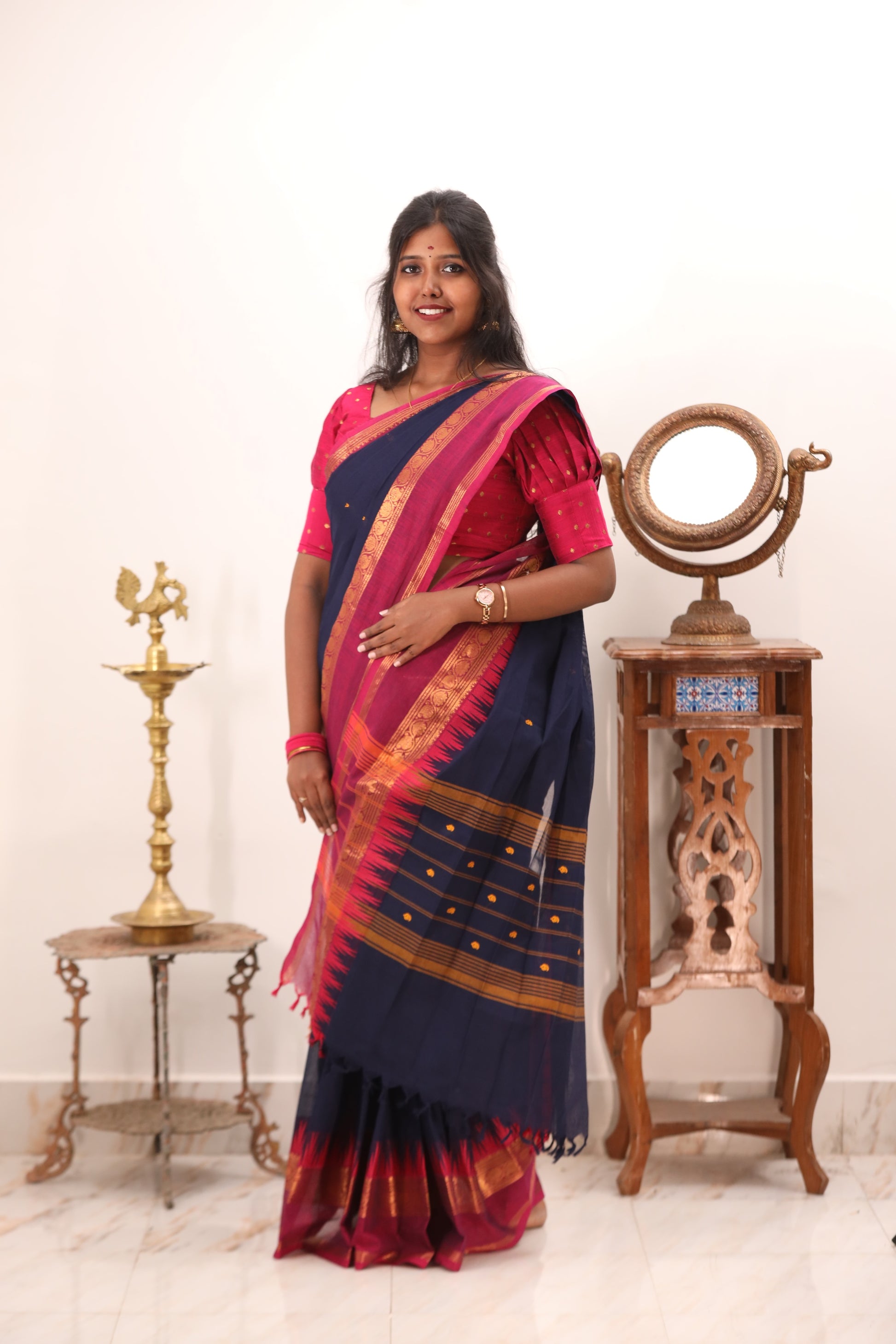 Blue Chettinad Cotton Saree with Pink Border - #NS023
