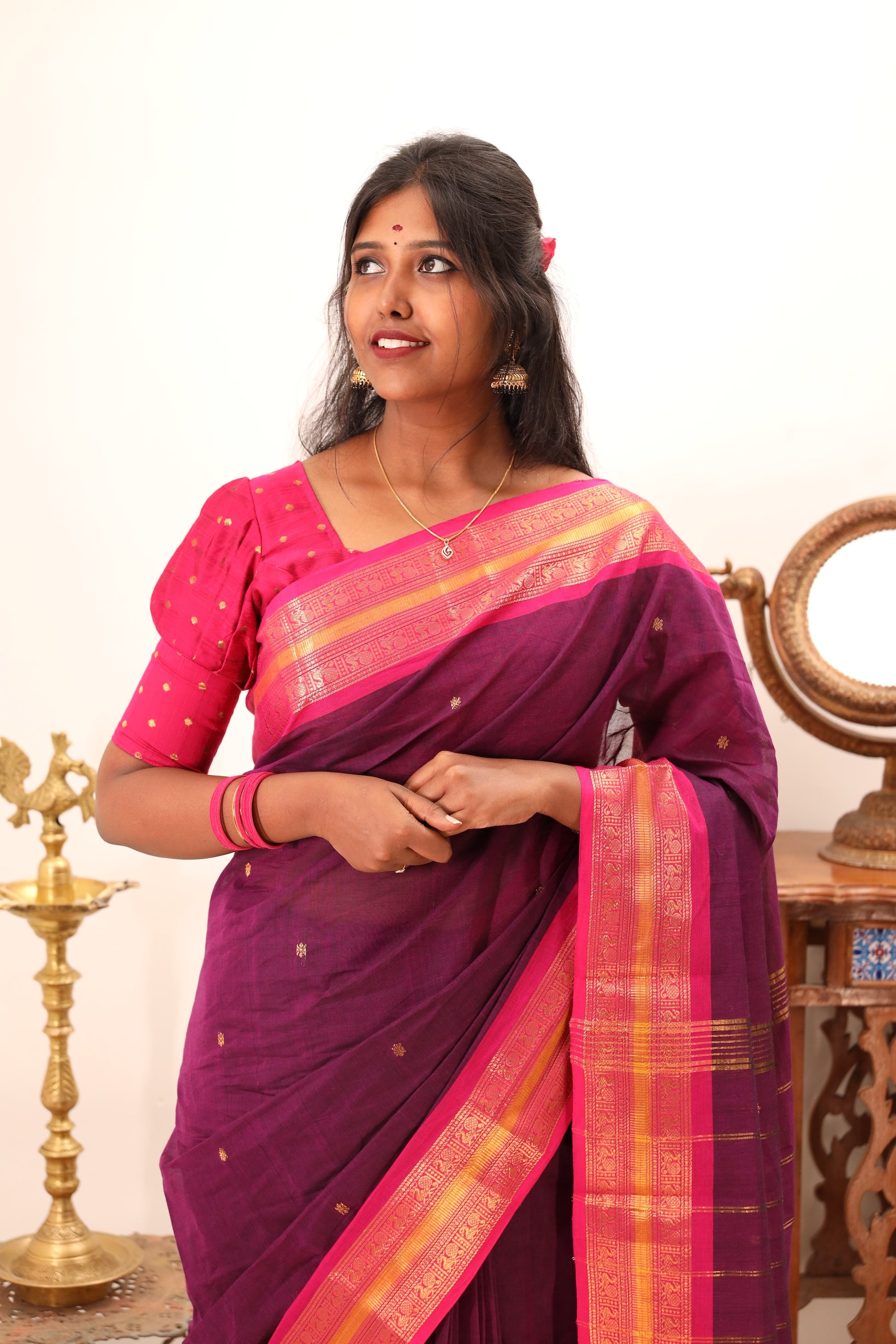 Purple Saree with Pink Border Chettinad Cotton Saree -#NSO22
