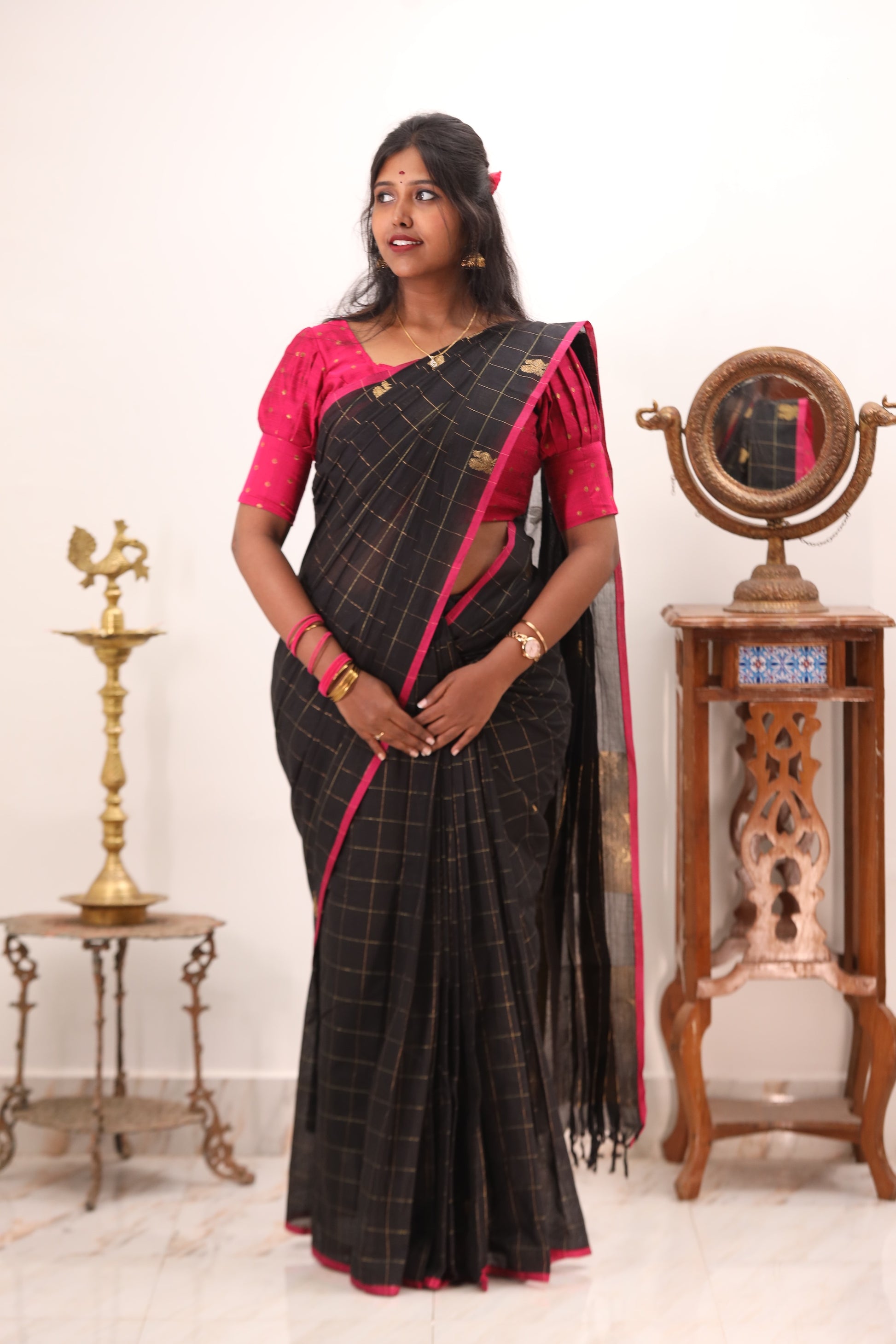 Black and Pink & Golden Border Chettinad Cotton Saree-#NS024