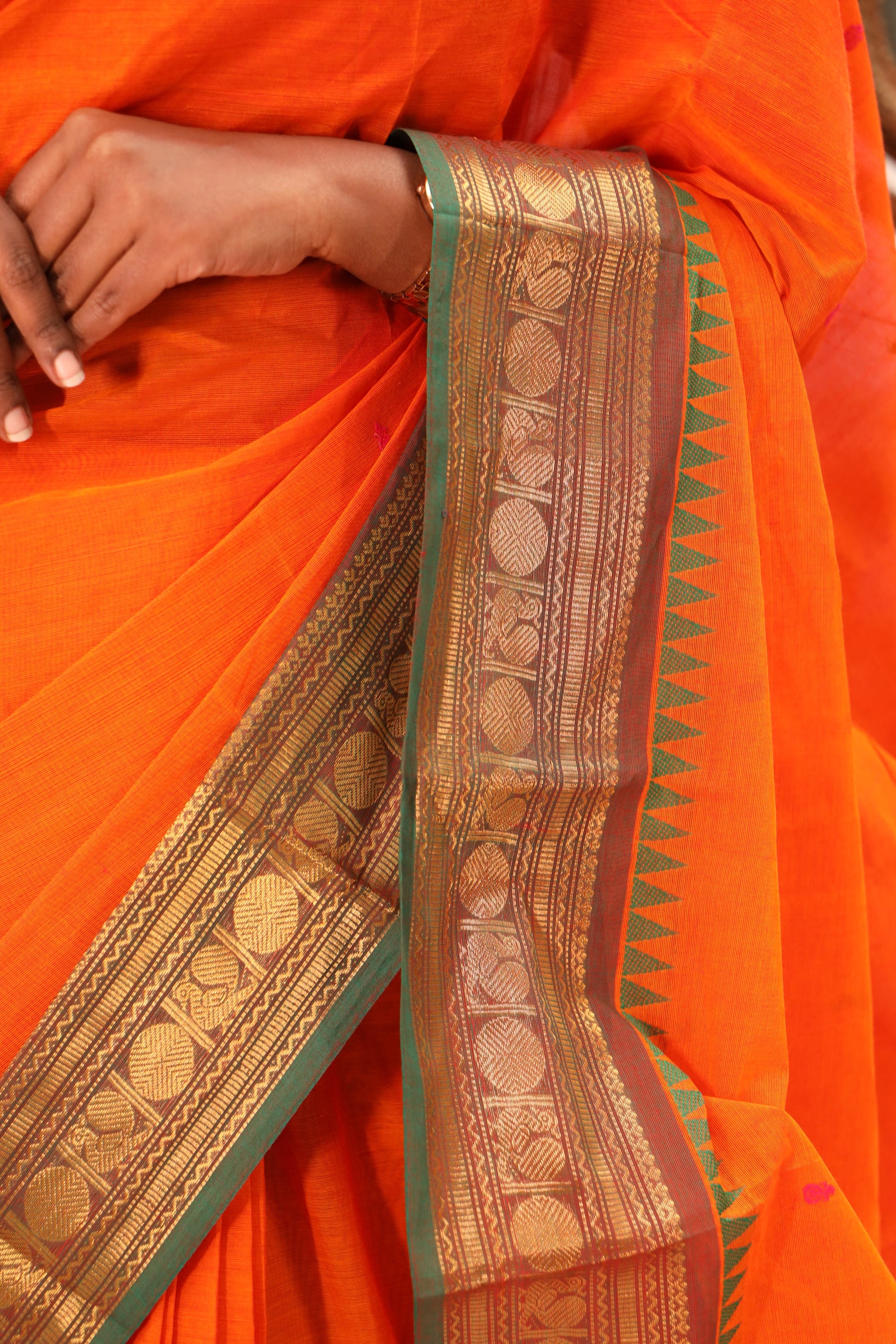 Orange Chettinad Cotton Saree with Pink and Green Border -#NS017