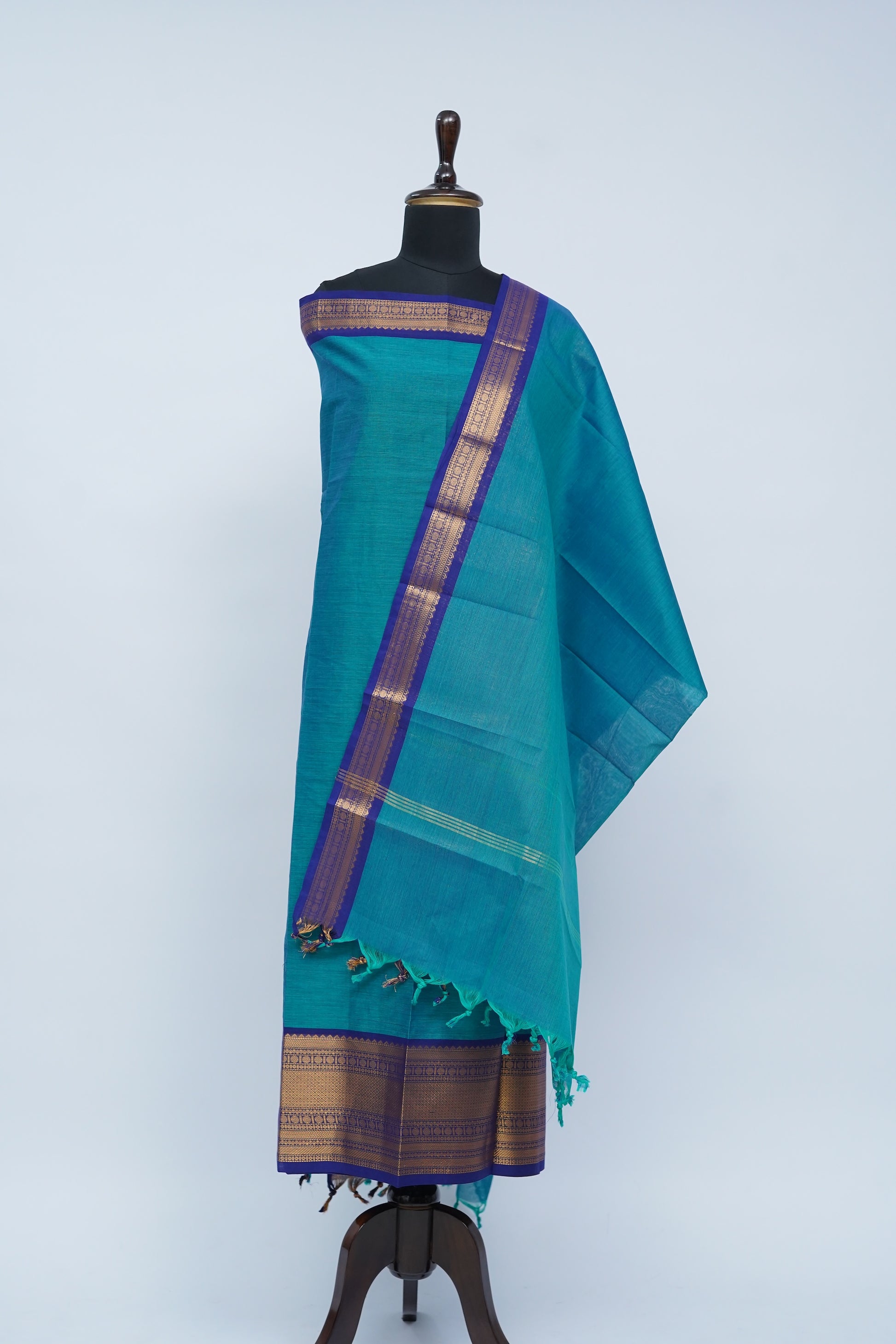 Sky Blue with Blue Border Chettinad Cotton Unstitched Salwar Suit - #NC205