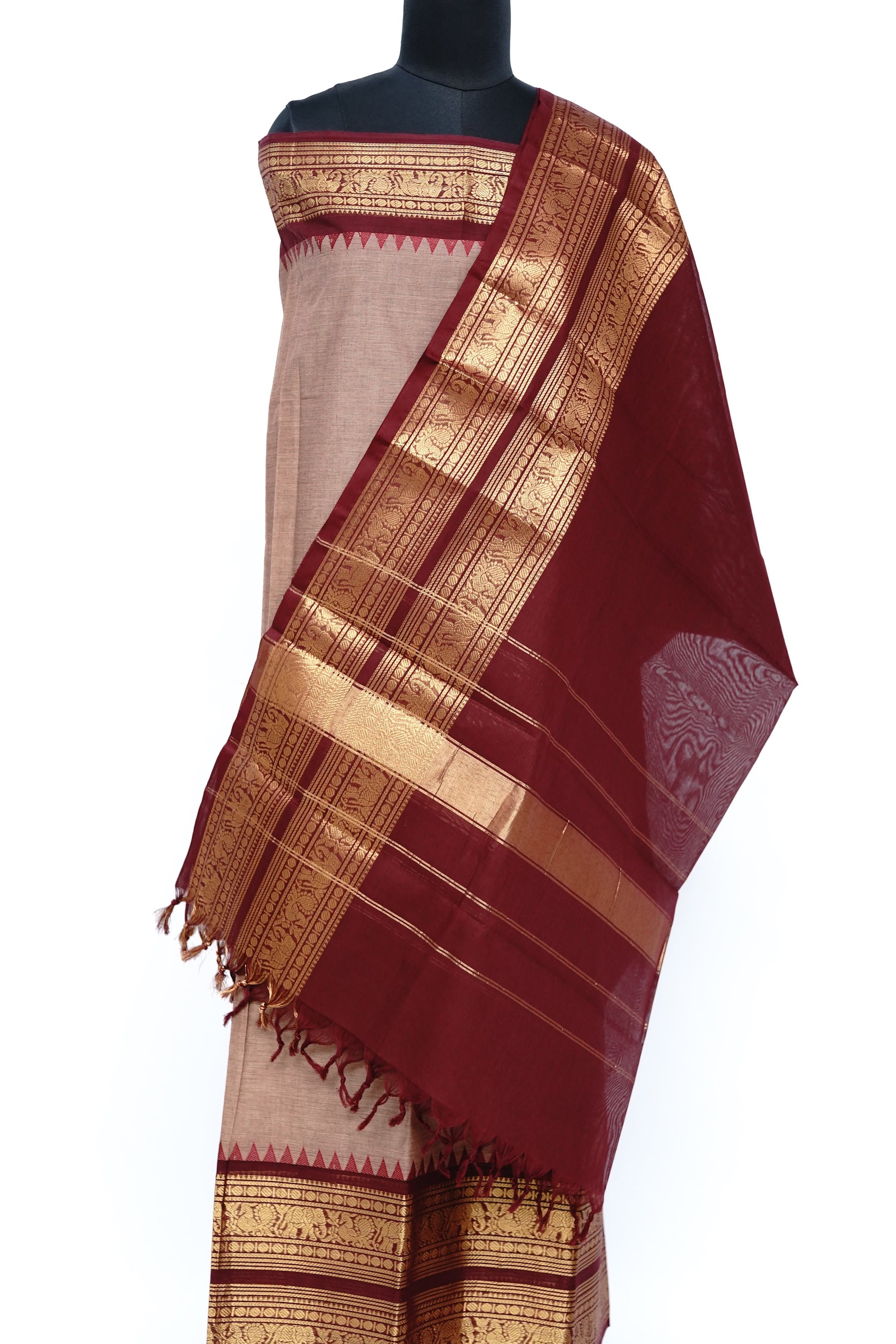Beige with Red and Golden Border Chettinad Cotton Unstitched Salwar Suit - #NC200