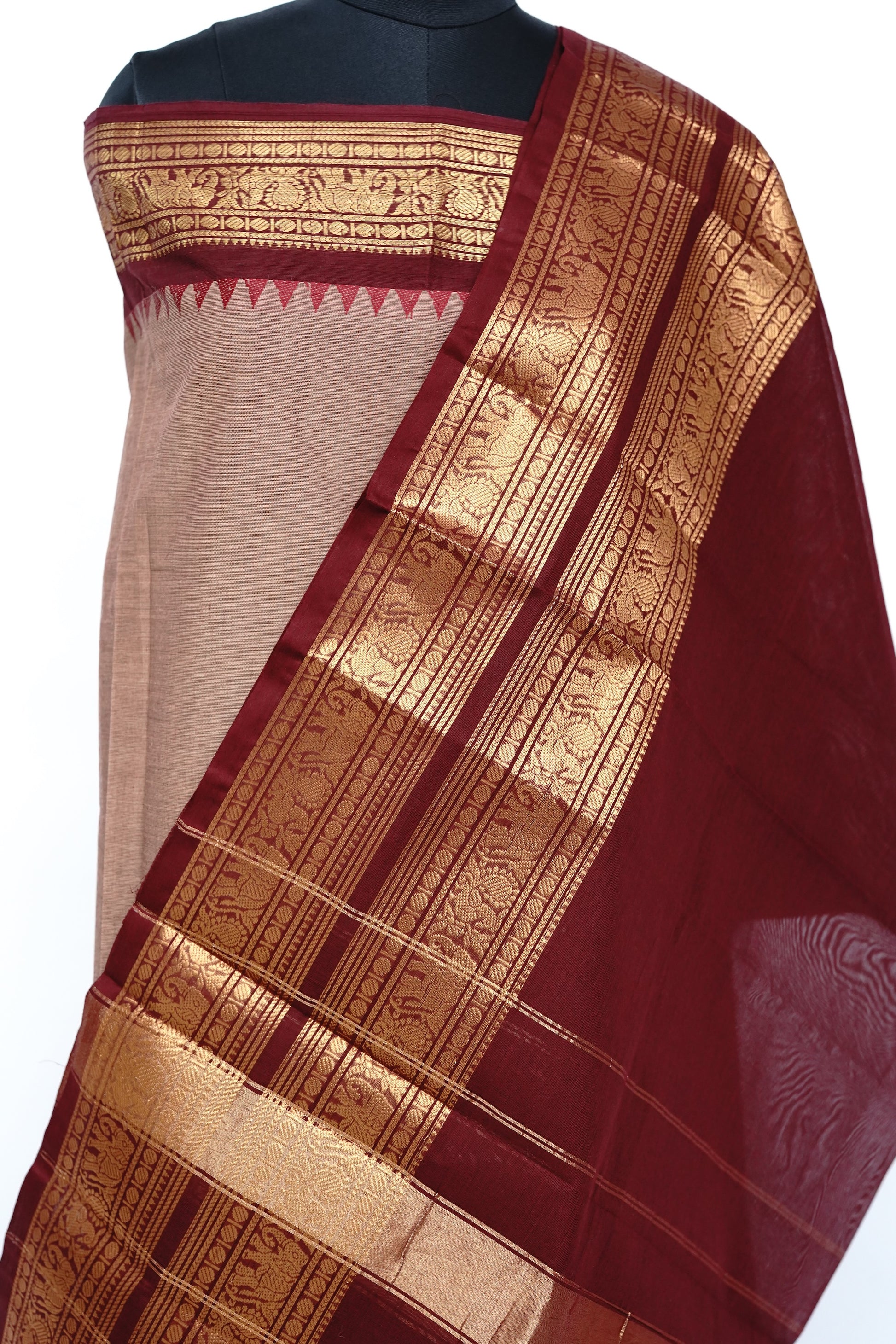 Beige with Red and Golden Border Chettinad Cotton Unstitched Salwar Suit - #NC200