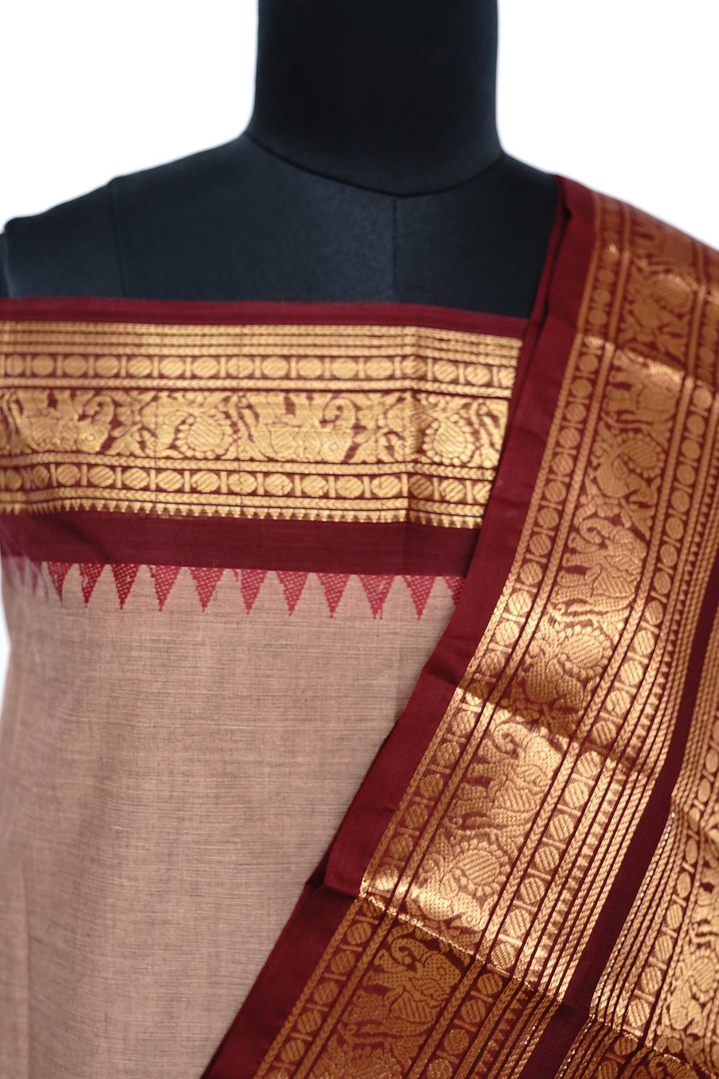 Beige with Red and Golden Border Chettinad Cotton Unstitched Salwar Suit - #NC200