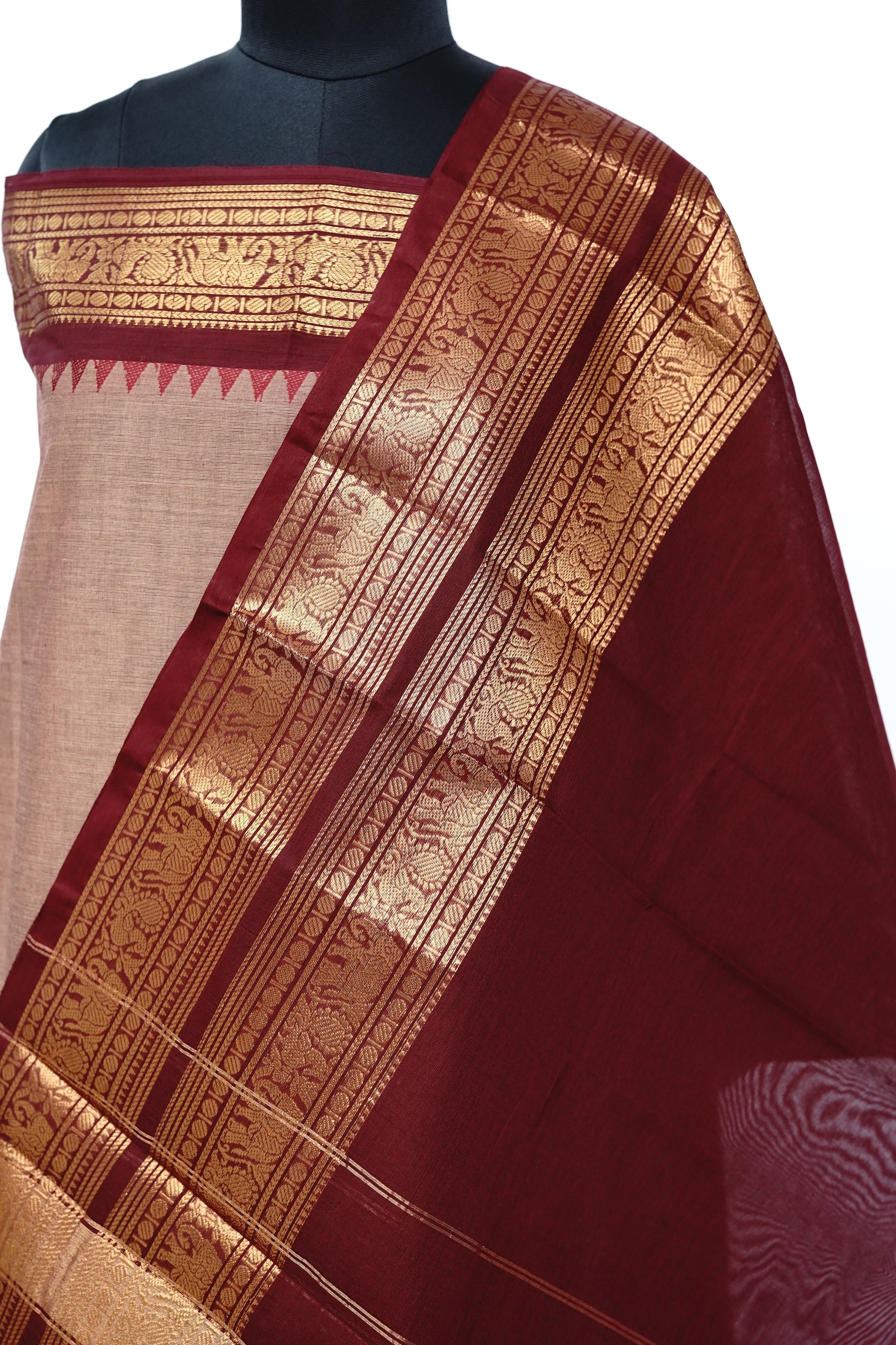 Beige with Red and Golden Border Chettinad Cotton Unstitched Salwar Suit - #NC200