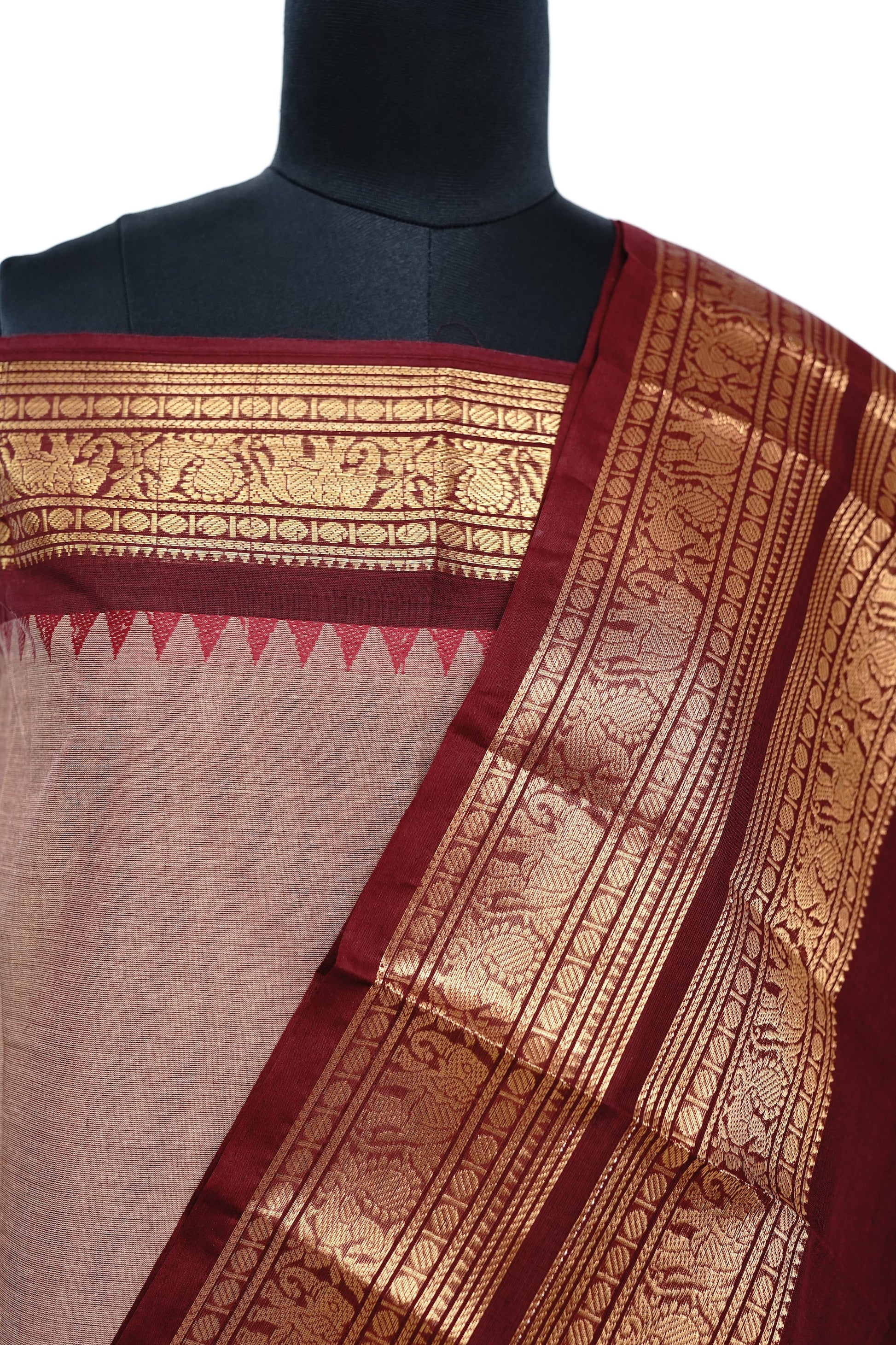 Beige with Red and Golden Border Chettinad Cotton Unstitched Salwar Suit - #NC200