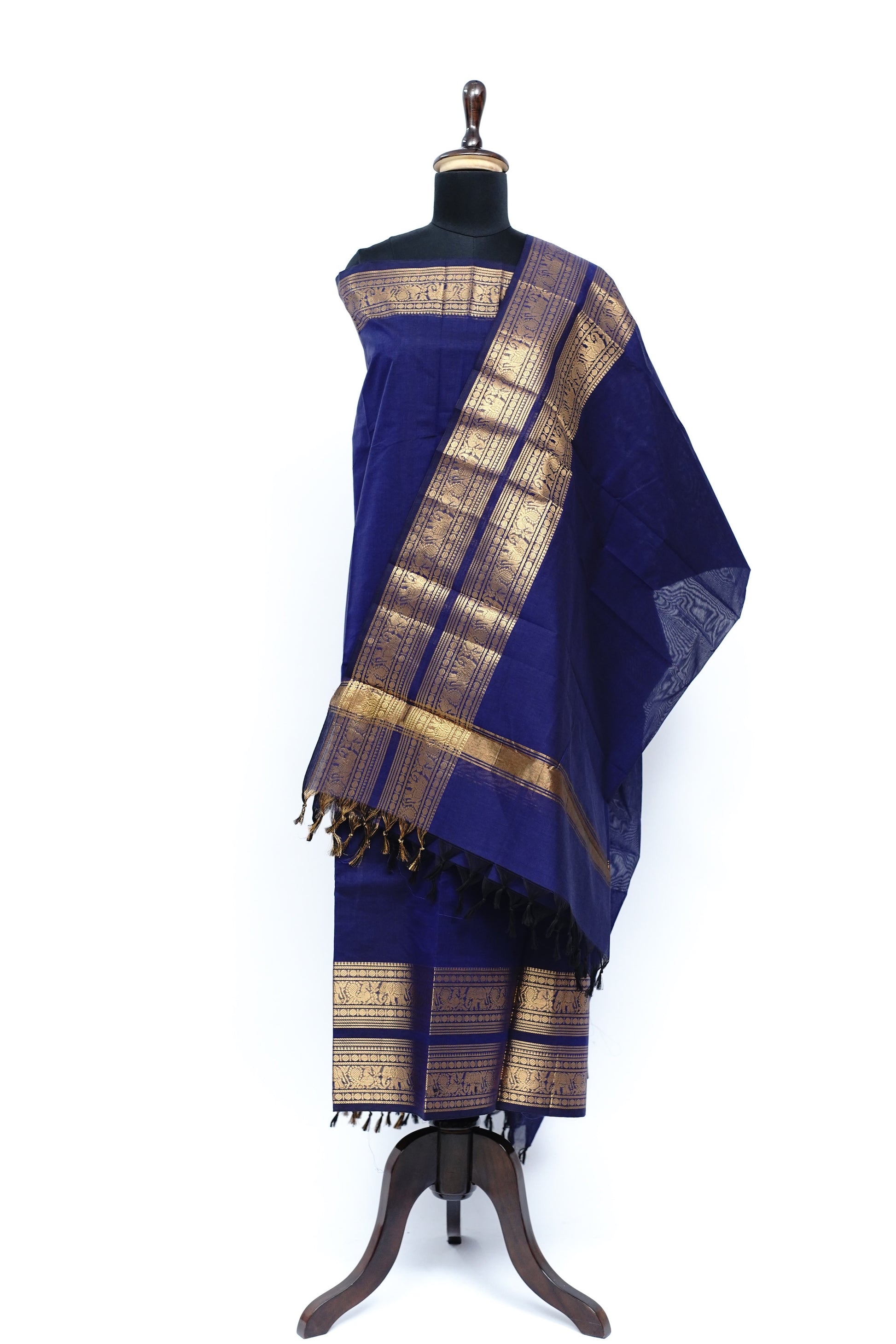 Dark Blue and Golden Border Chettinad Cotton Unstitched Salwar Suit - #NC201