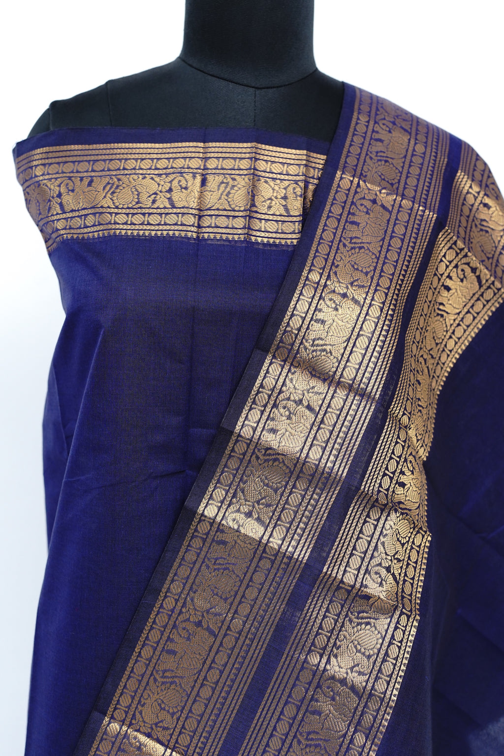Dark Blue and Golden Border Chettinad Cotton Unstitched Salwar Suit - #NC201