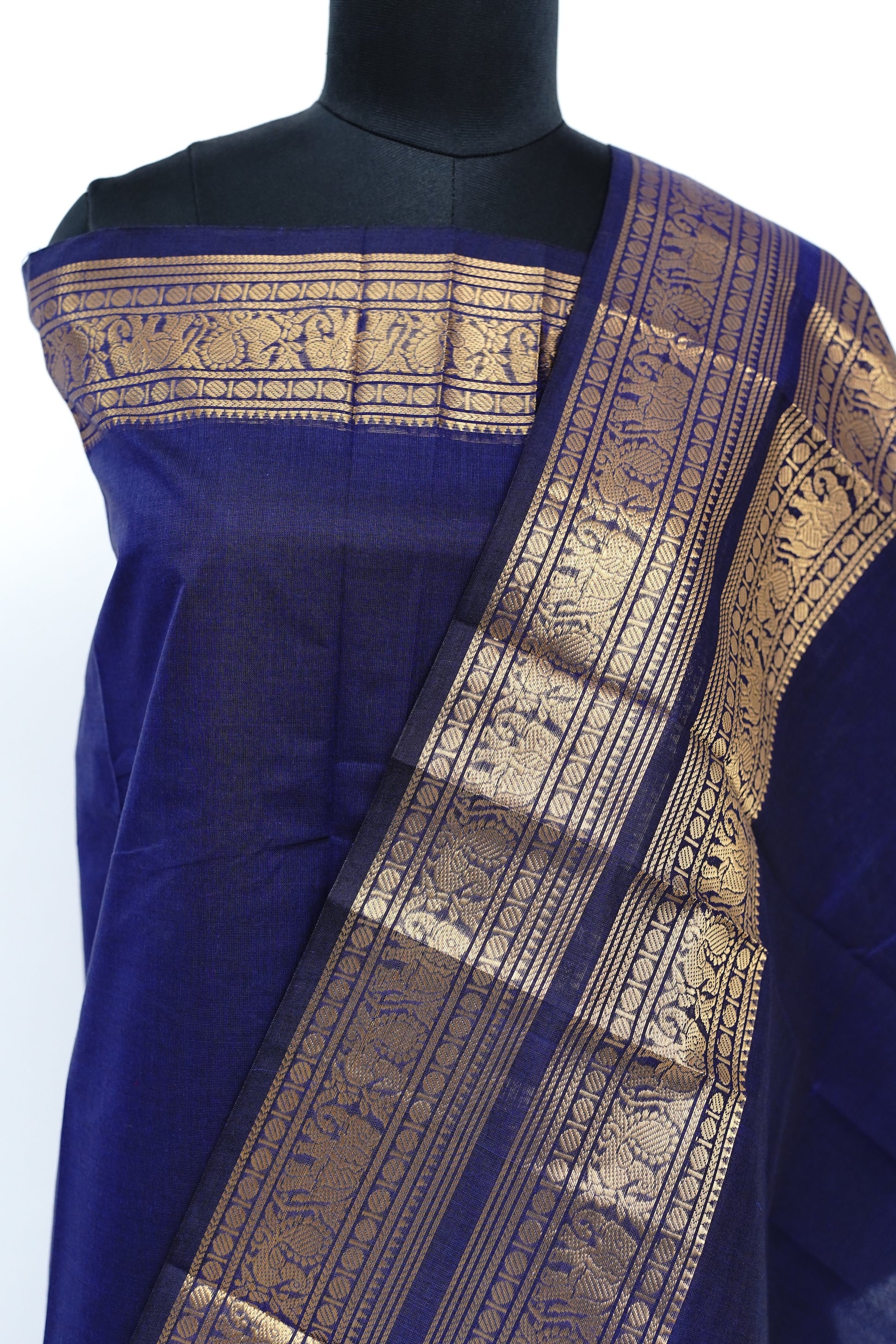 Dark Blue and Golden Border Chettinad Cotton Unstitched Salwar Suit - #NC201