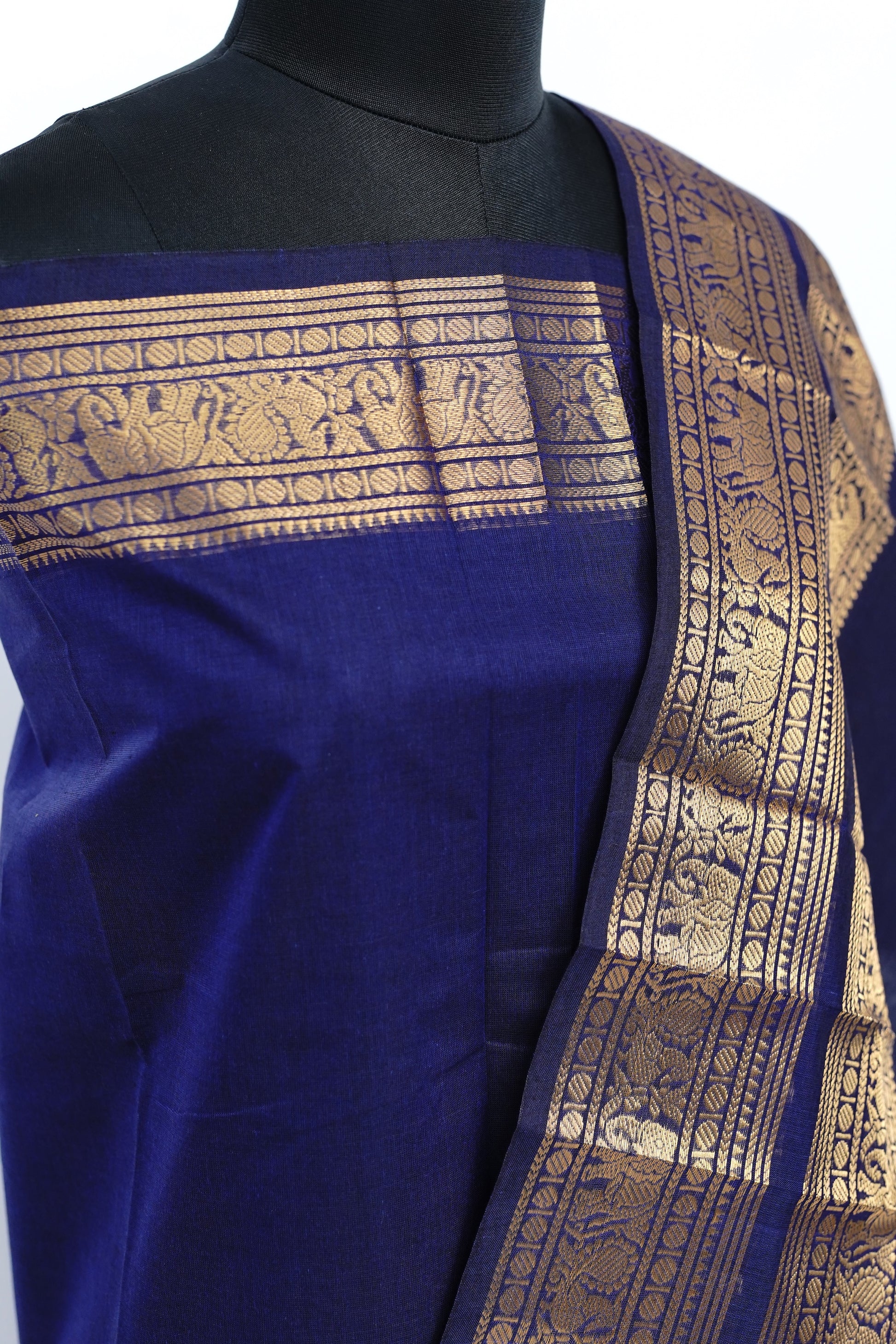 Dark Blue and Golden Border Chettinad Cotton Unstitched Salwar Suit - #NC201