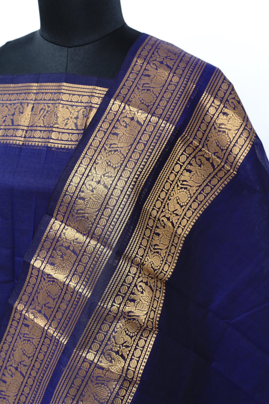 Dark Blue and Golden Border Chettinad Cotton Unstitched Salwar Suit - #NC201