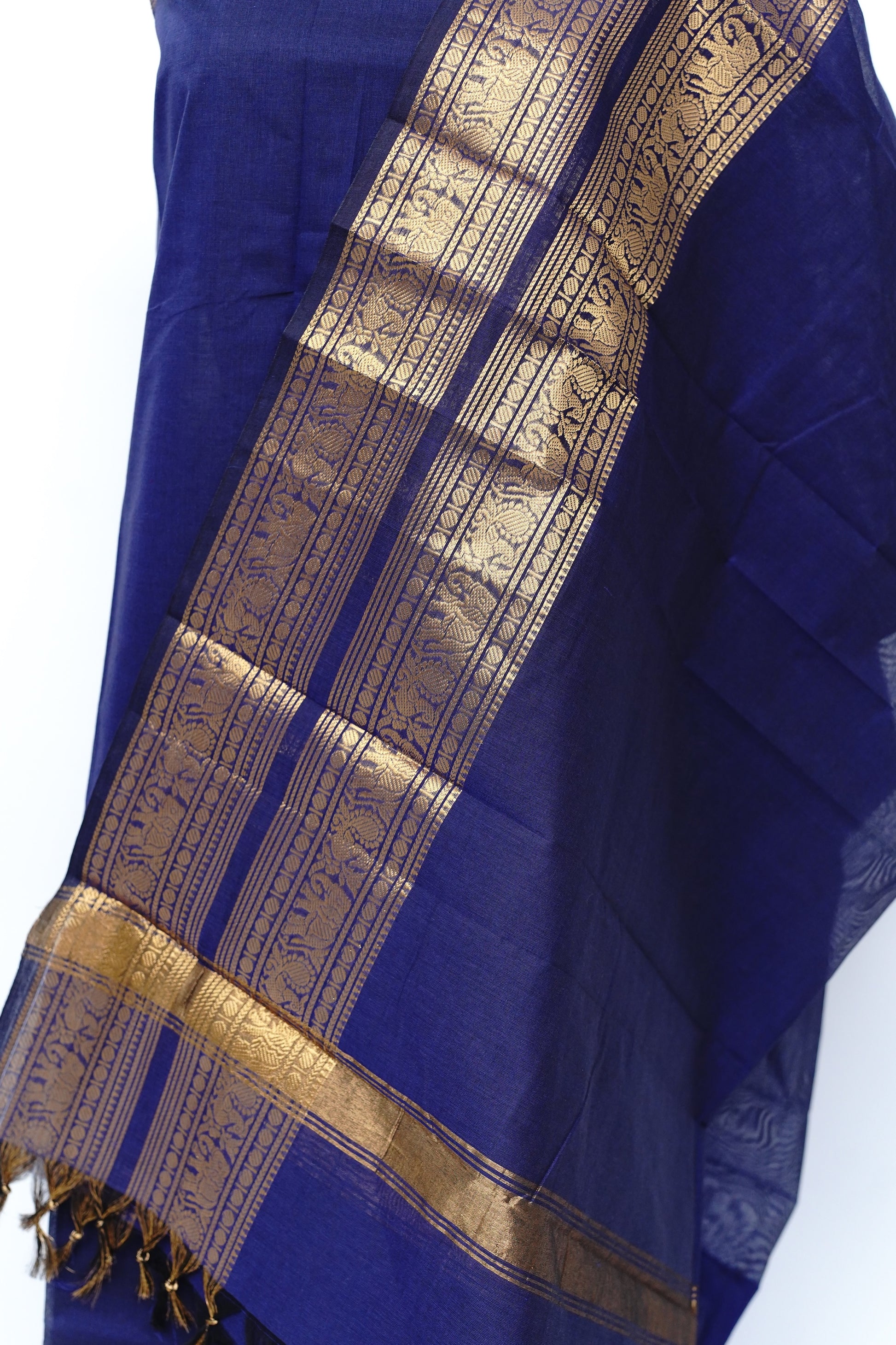 Dark Blue and Golden Border Chettinad Cotton Unstitched Salwar Suit - #NC201