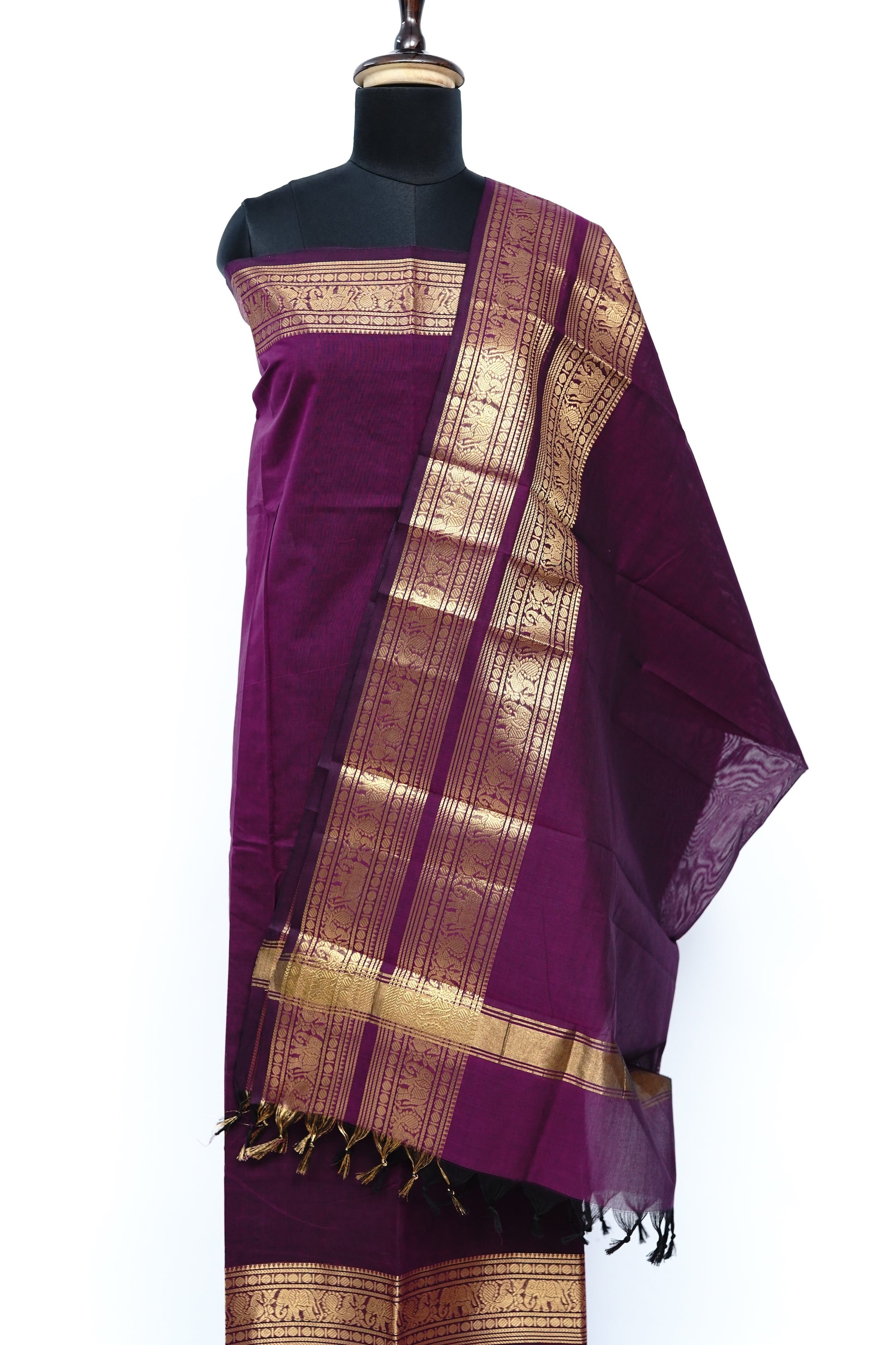 Dark Purple with Golden Border Chettinad Cotton Unstitched Salwar Suit - #NC203
