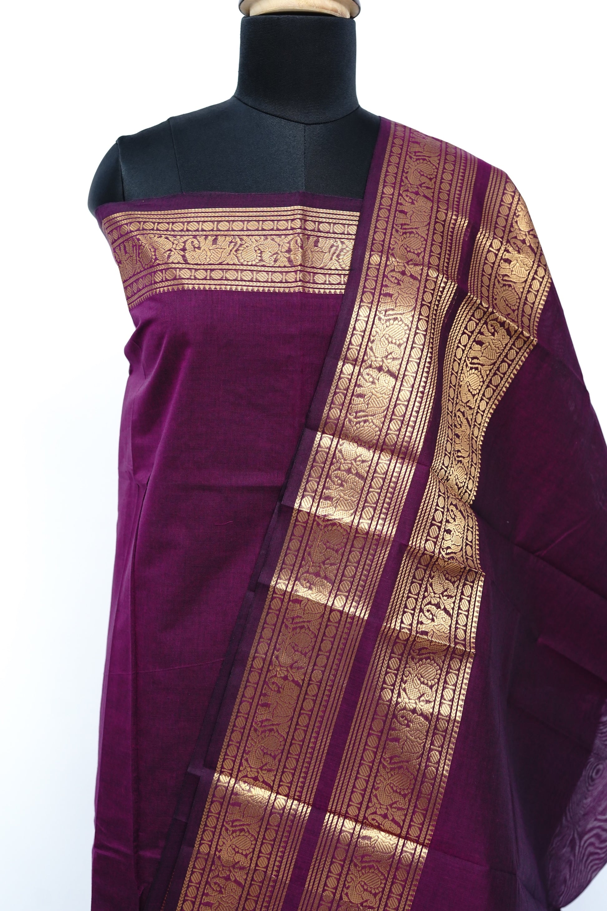 Dark Purple with Golden Border Chettinad Cotton Unstitched Salwar Suit - #NC203