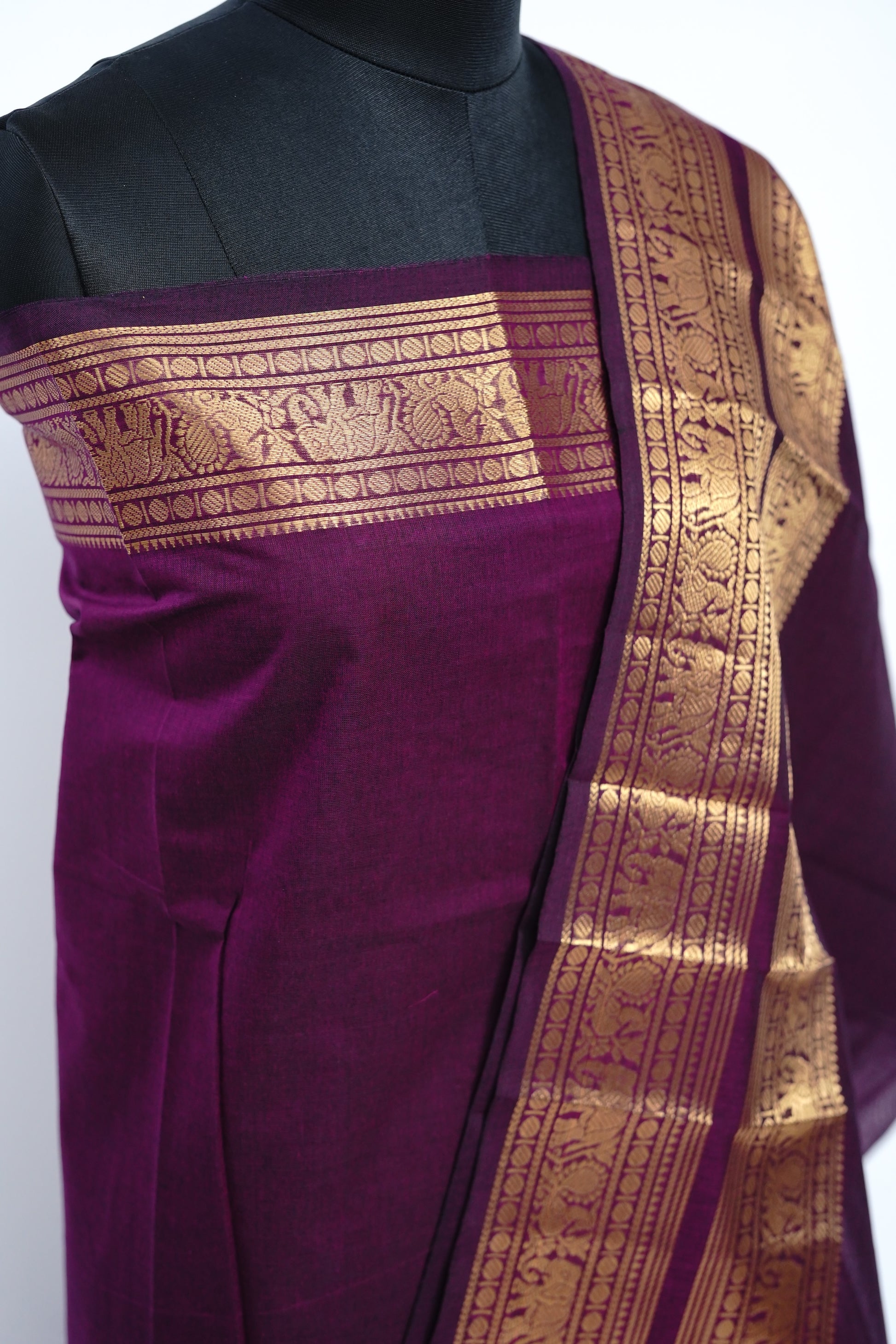 Dark Purple with Golden Border Chettinad Cotton Unstitched Salwar Suit - #NC203