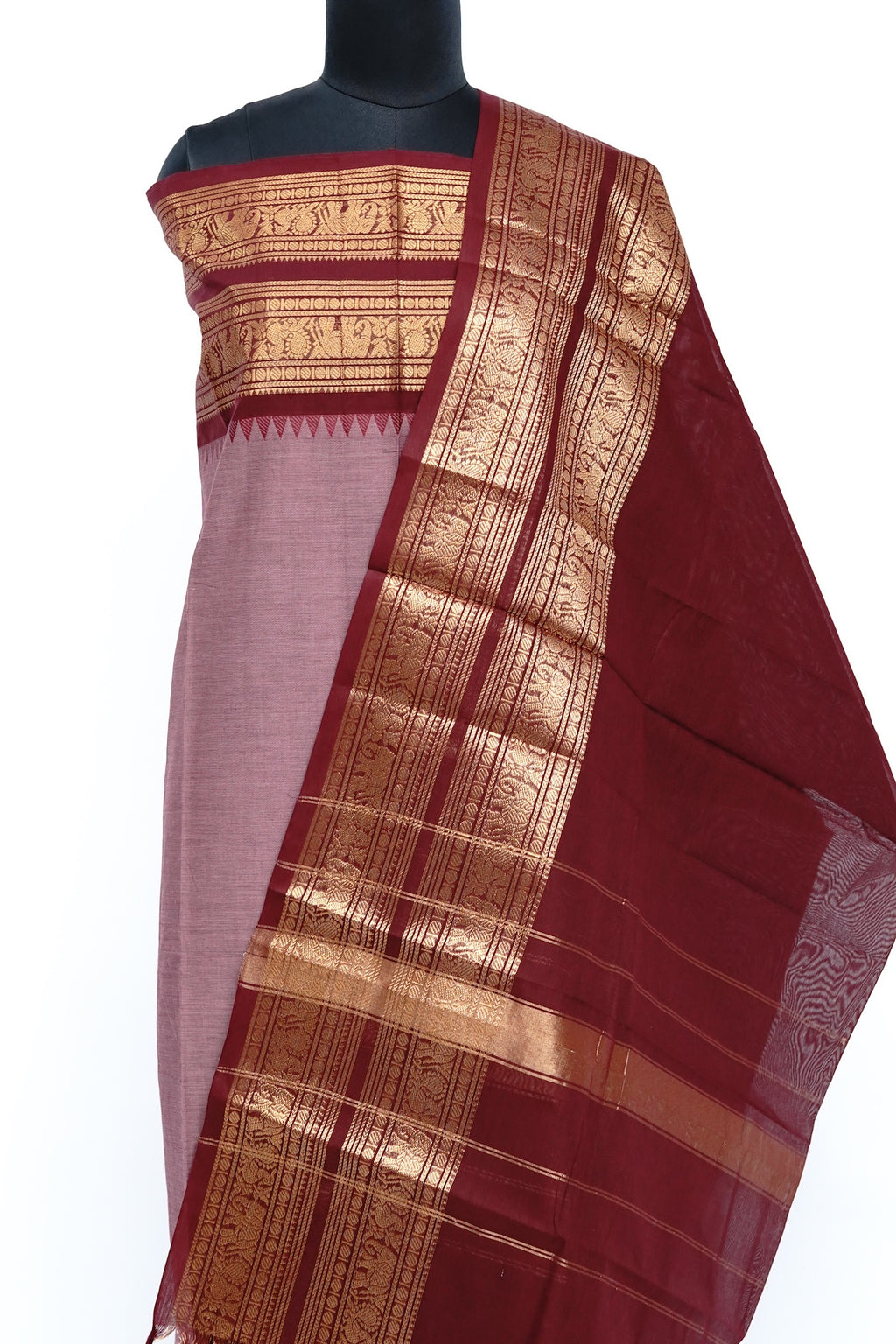 Onion Pink with Maroon and Golden Border Chettinad Cotton Unstitched Salwar Suit - #NC208