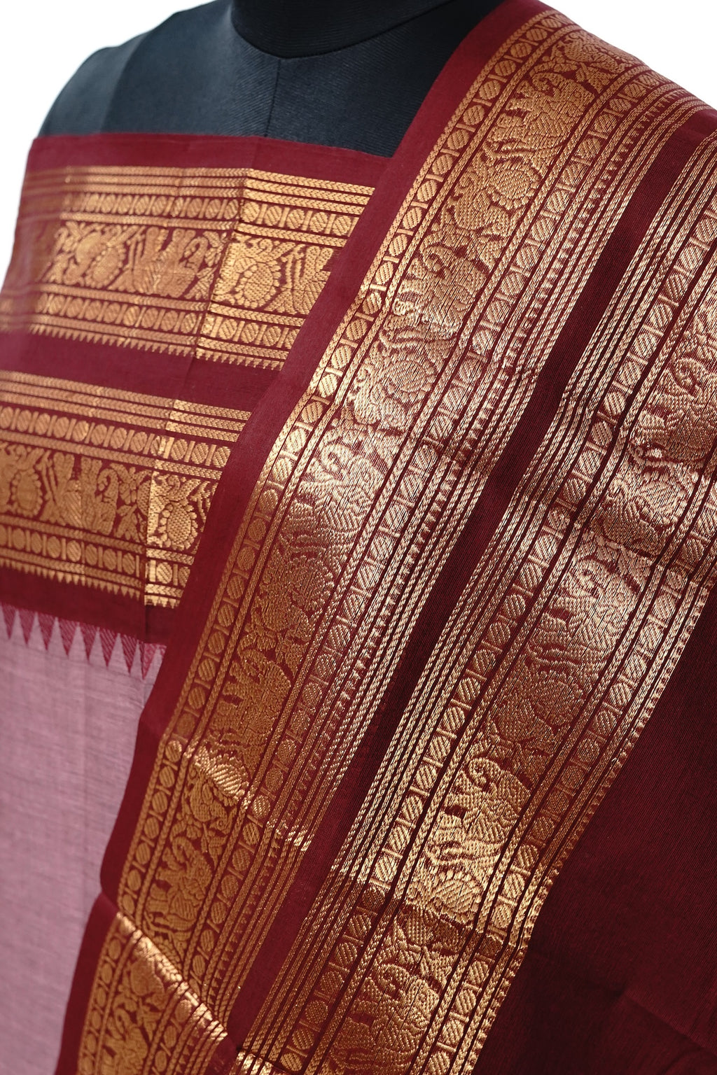 Onion Pink with Maroon and Golden Border Chettinad Cotton Unstitched Salwar Suit - #NC208
