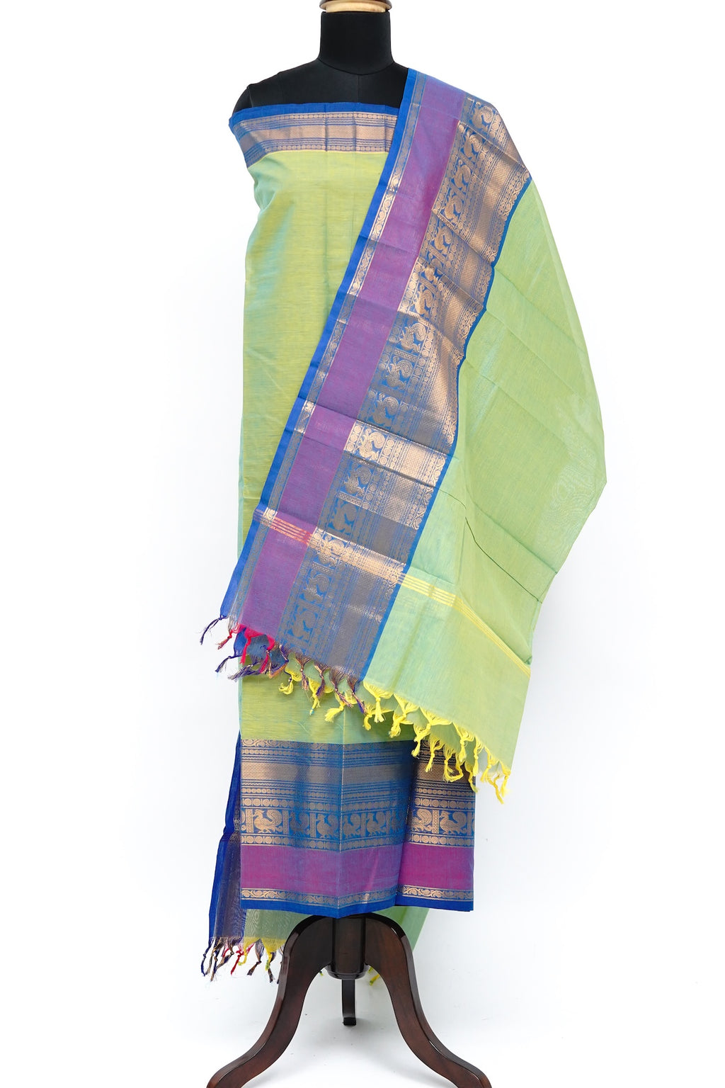 Green with Multi color Border Chettinad Cotton Unstitched Salwar Suit - #NC202