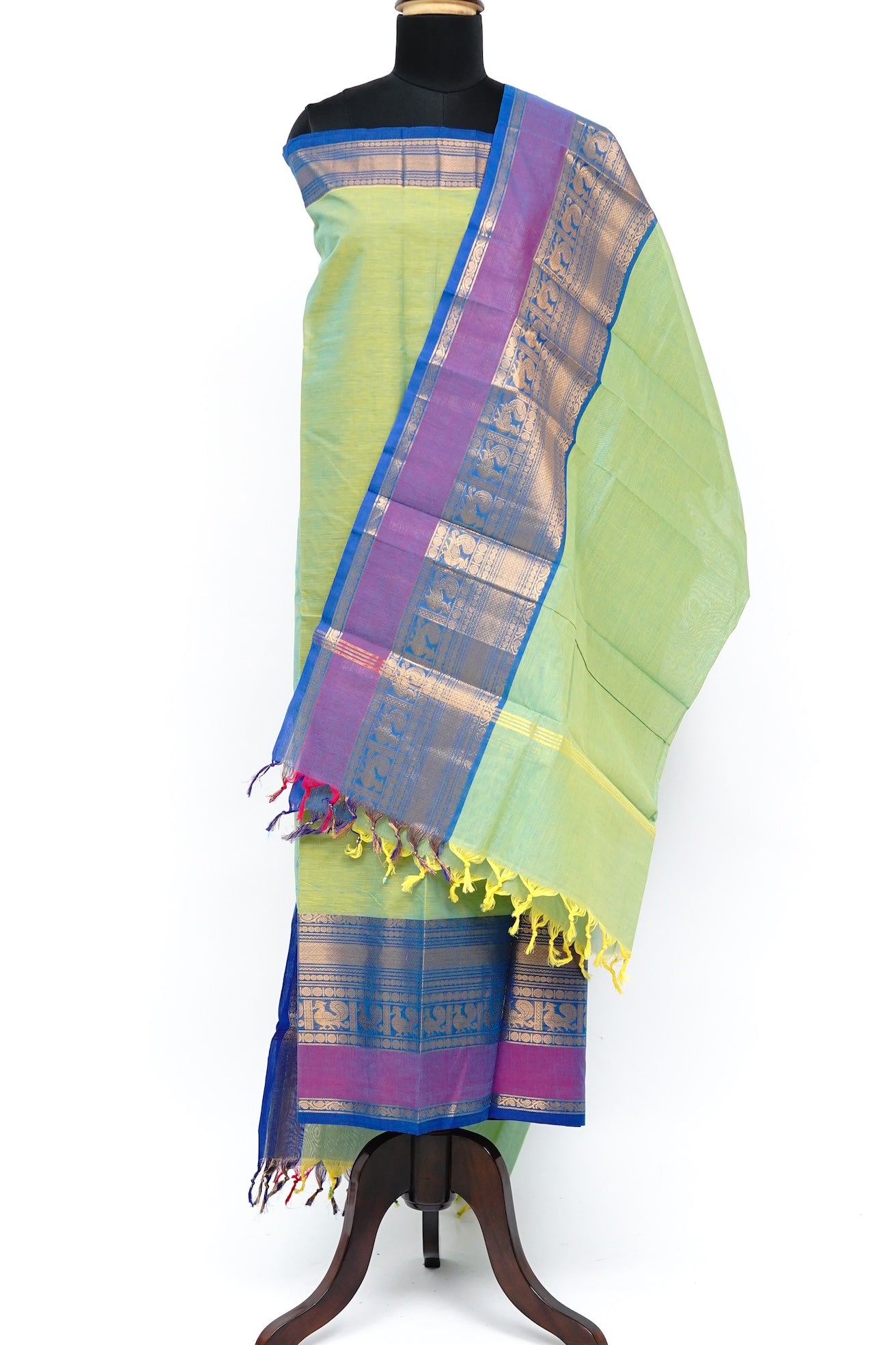 Green with Multi color Border Chettinad Cotton Unstitched Salwar Suit - #NC202