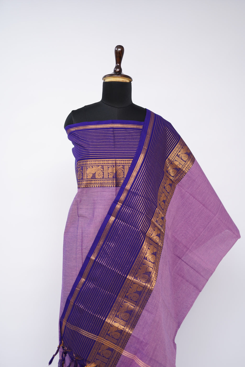 Purple with Golden Border Chettinad Cotton Unstitched Salwar Suit - #NC204