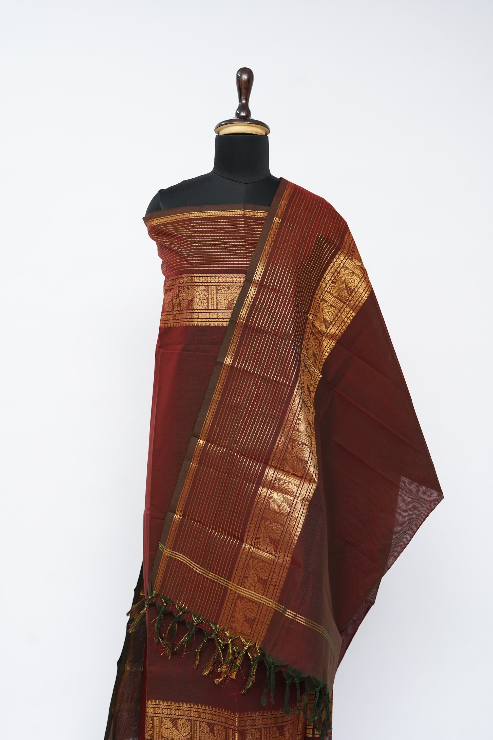 Maroon with Golden Border Chettinad Cotton Unstitched Salwar Suit - #NC209
