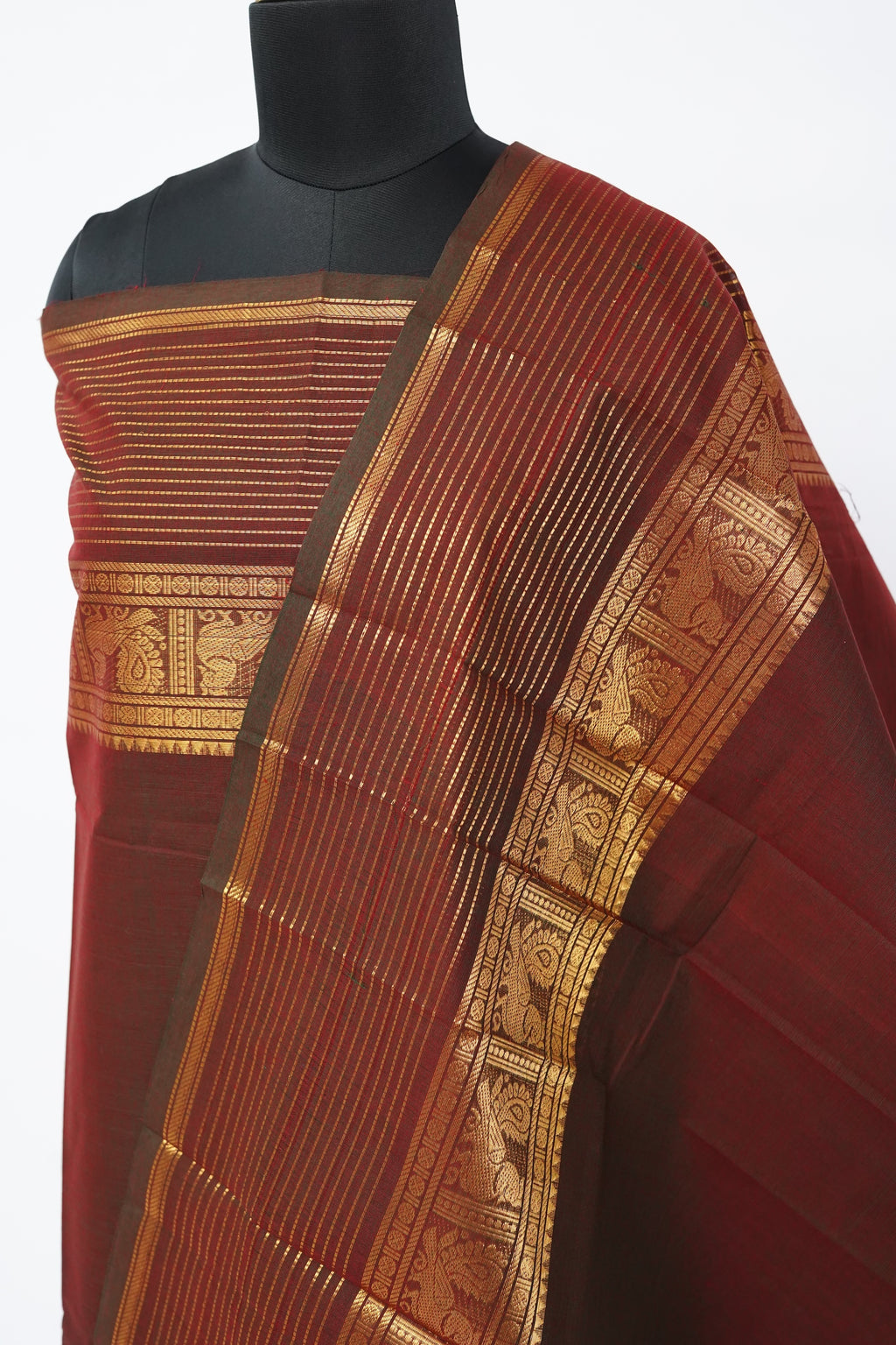 Maroon with Golden Border Chettinad Cotton Unstitched Salwar Suit - #NC209