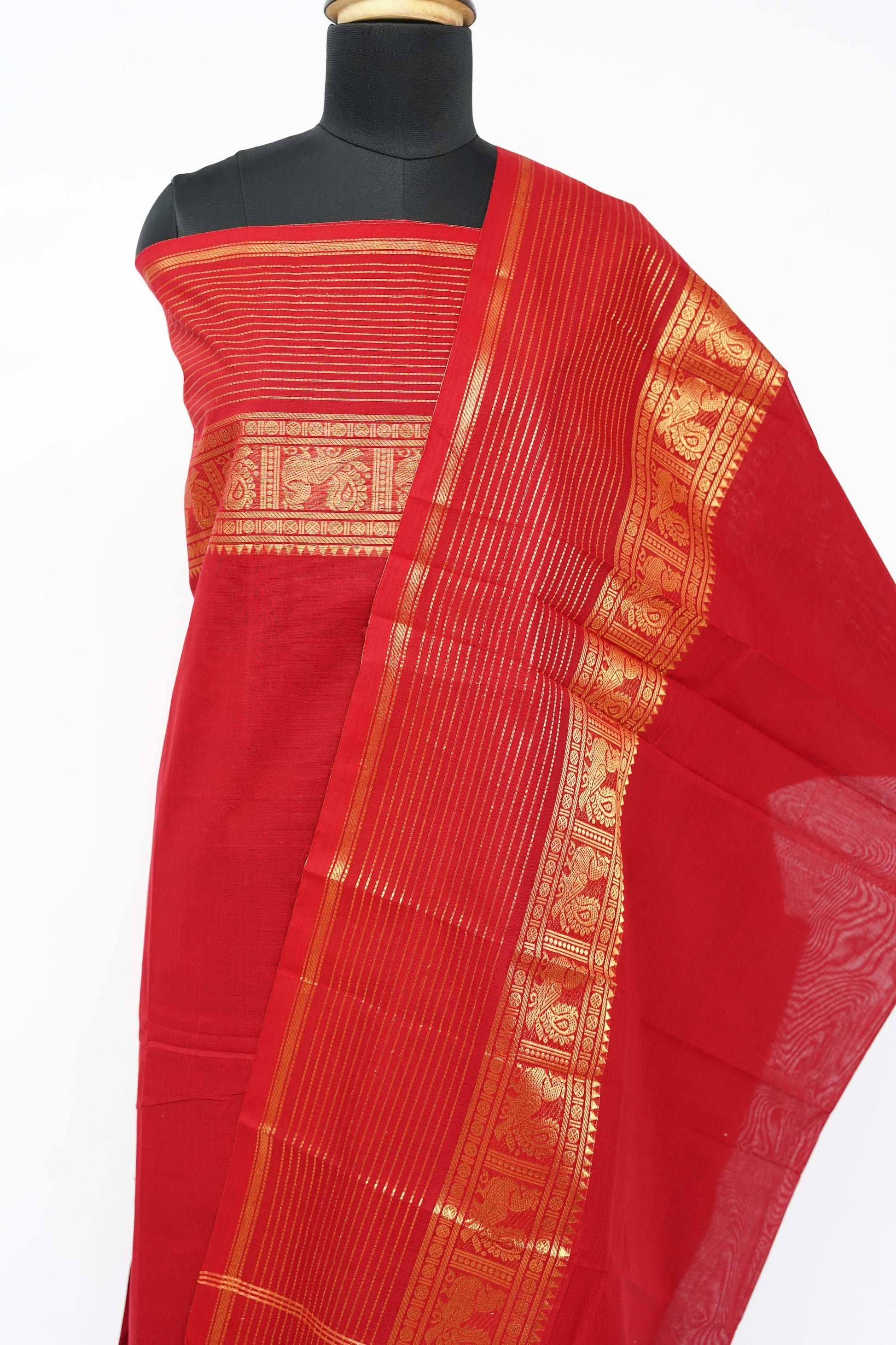 Dark Pink with Golden Border Chettinad Cotton Unstitched Salwar Suit - #NC207