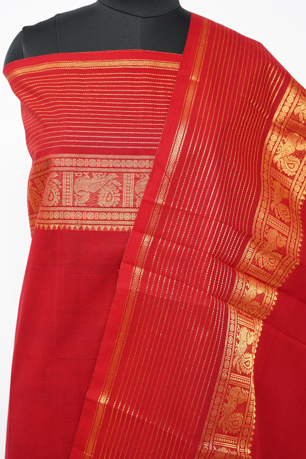Red with Golden Border Chettinad Cotton Unstitched Salwar Suit - #NC206