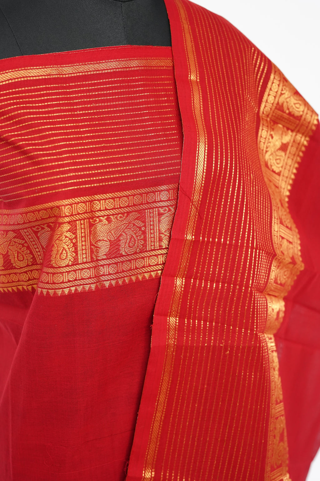 Red with Golden Border Chettinad Cotton Unstitched Salwar Suit - #NC206