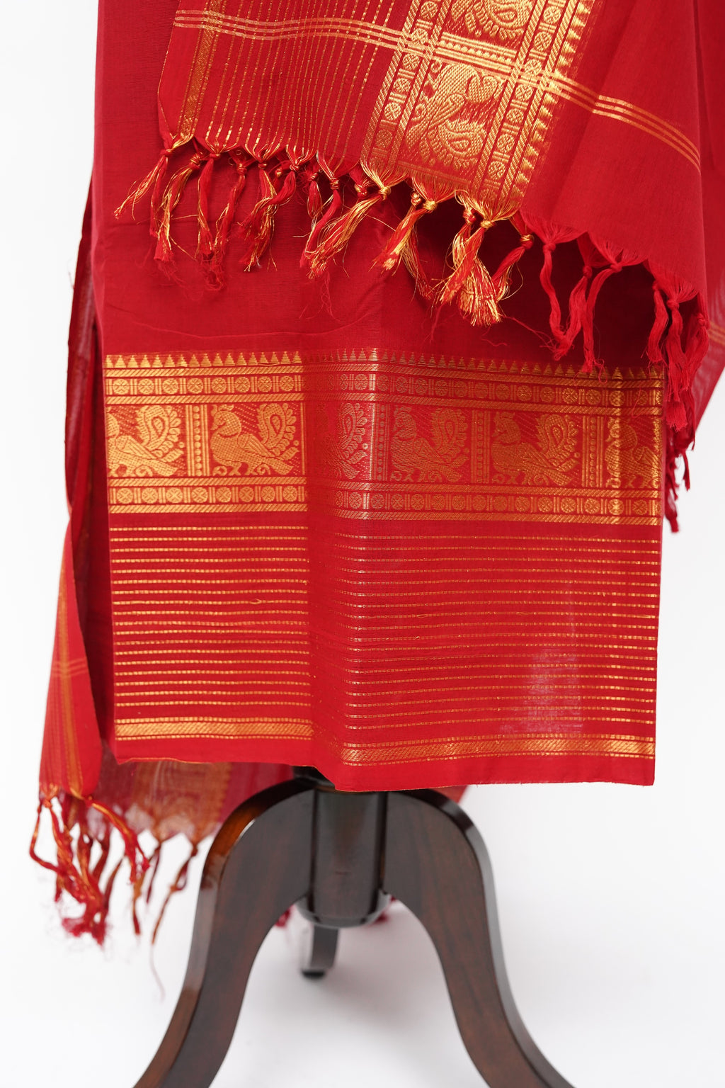 Red with Golden Border Chettinad Cotton Unstitched Salwar Suit - #NC206