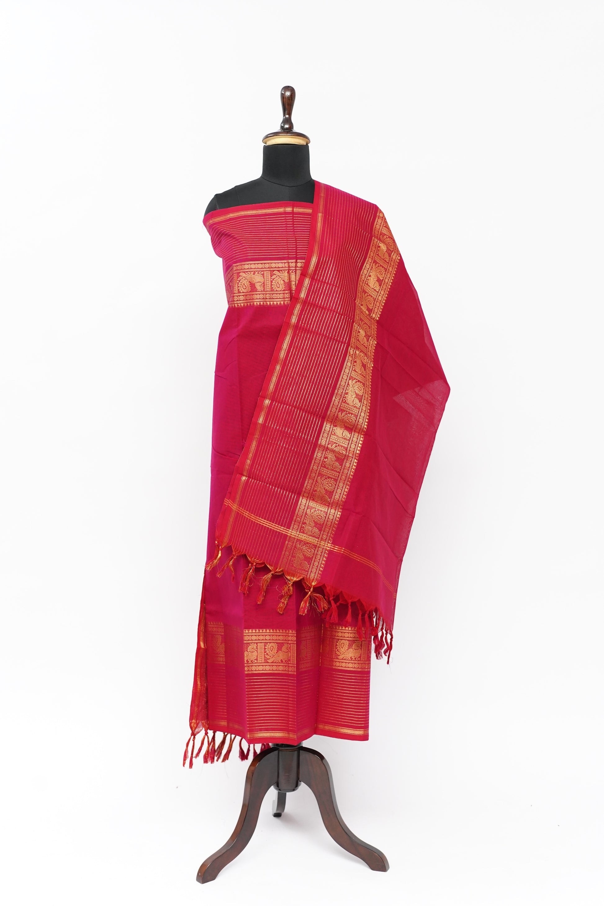 Red with Golden Border Chettinad Cotton Unstitched Salwar Suit - #NC206