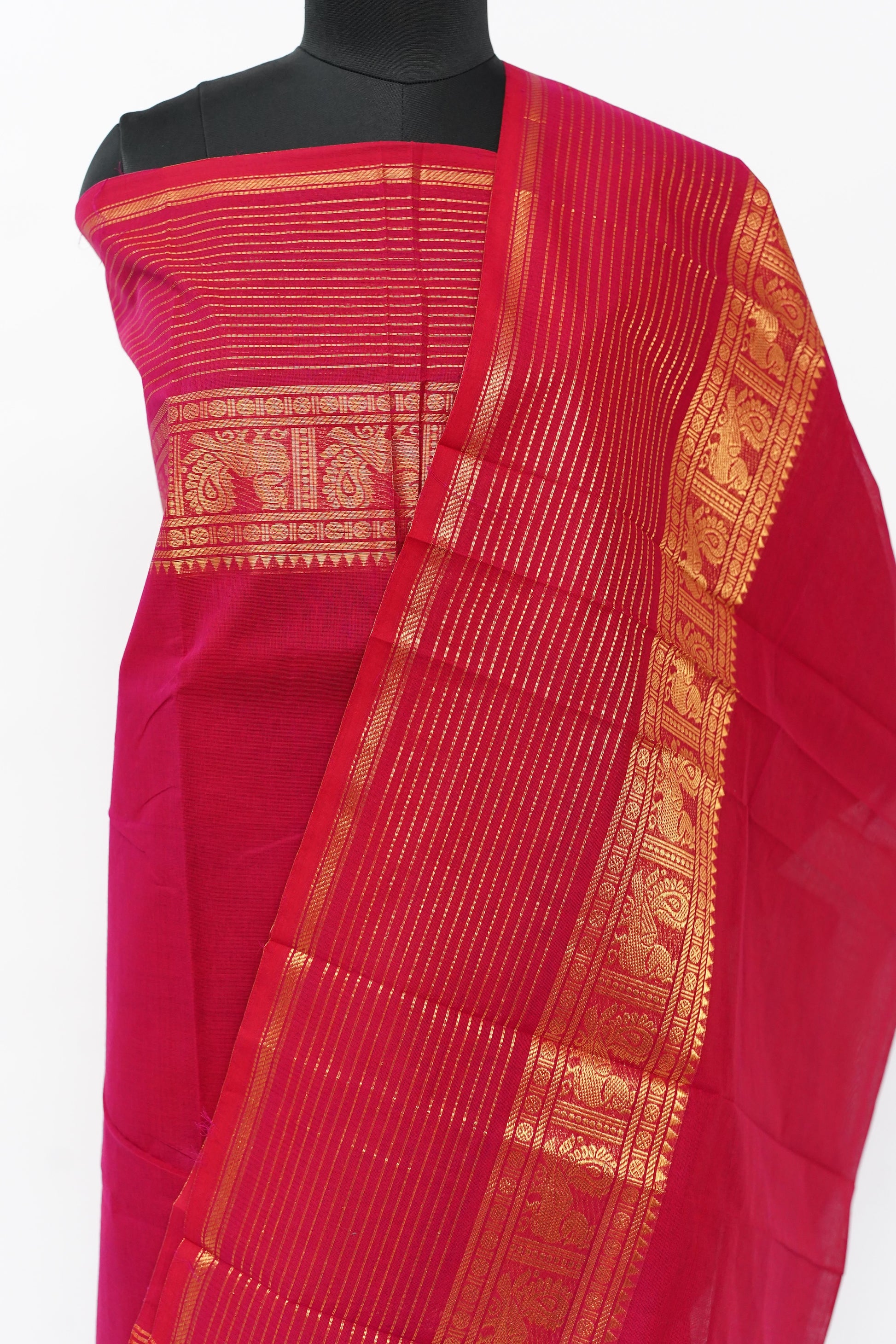 Red with Golden Border Chettinad Cotton Unstitched Salwar Suit - #NC206