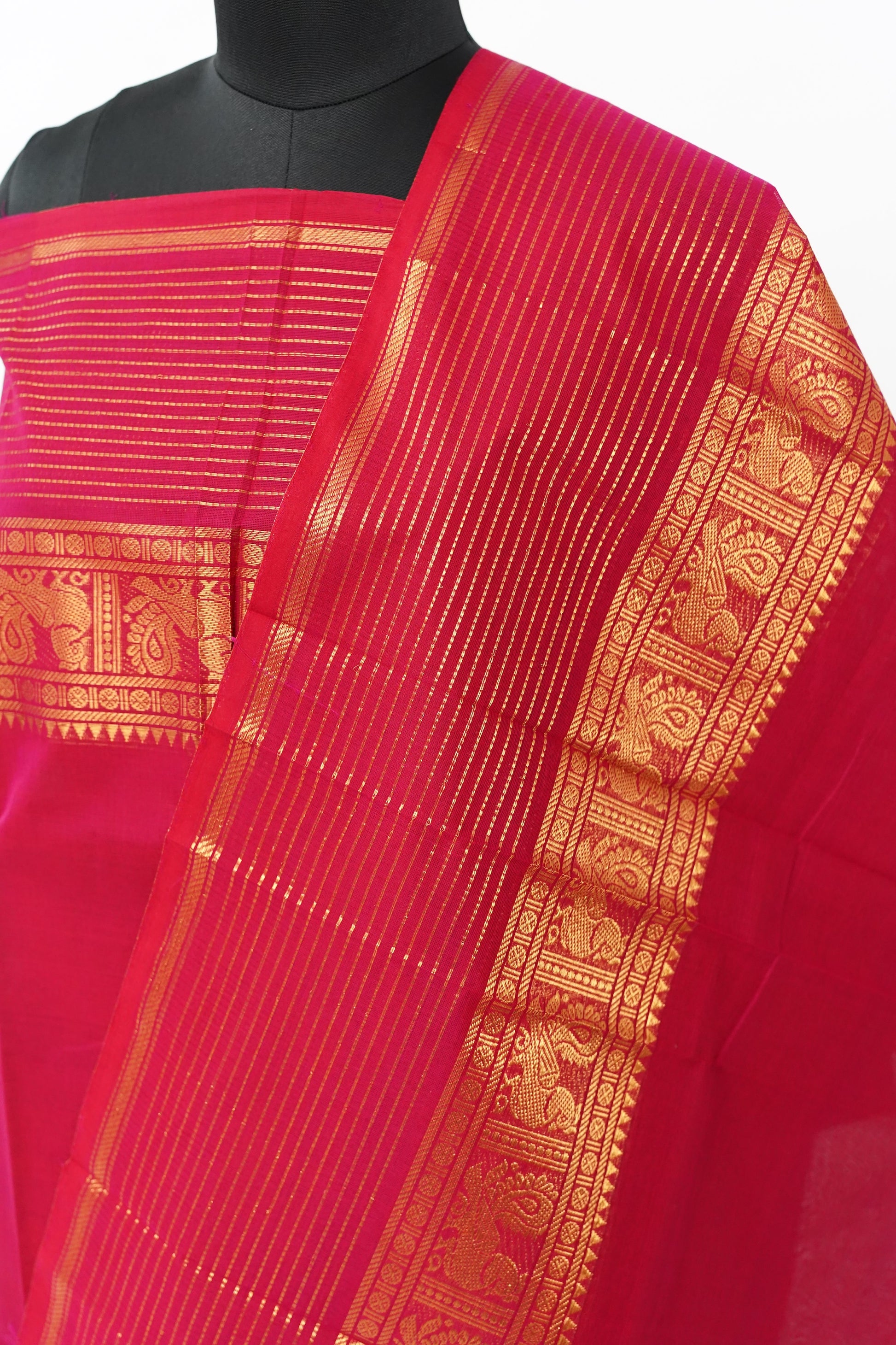 Dark Pink with Golden Border Chettinad Cotton Unstitched Salwar Suit - #NC207