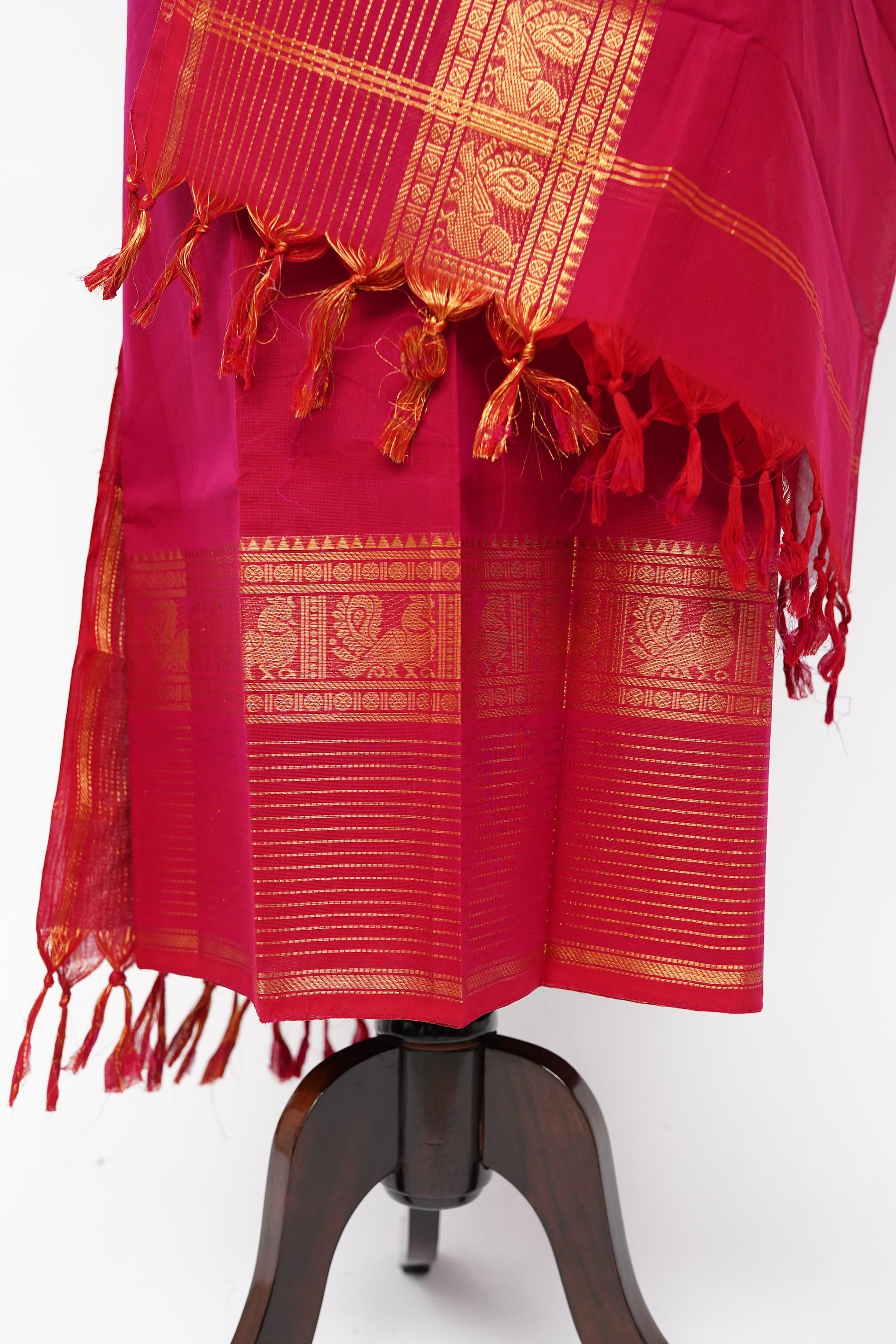 Dark Pink with Golden Border Chettinad Cotton Unstitched Salwar Suit - #NC207