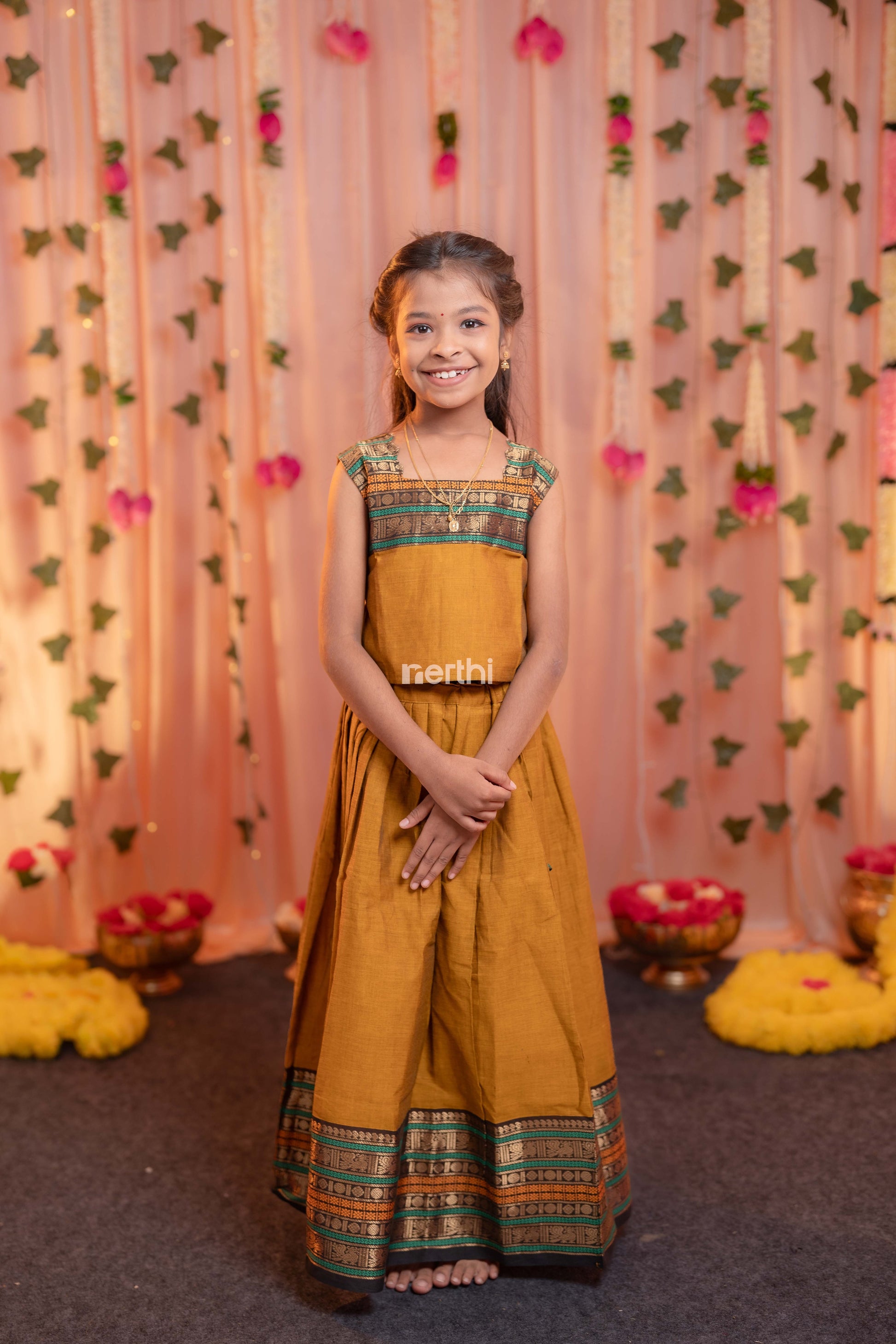 Brownish Orange Chettinad Cotton Paavadai Sattai (Top & Skirt) - #NT001