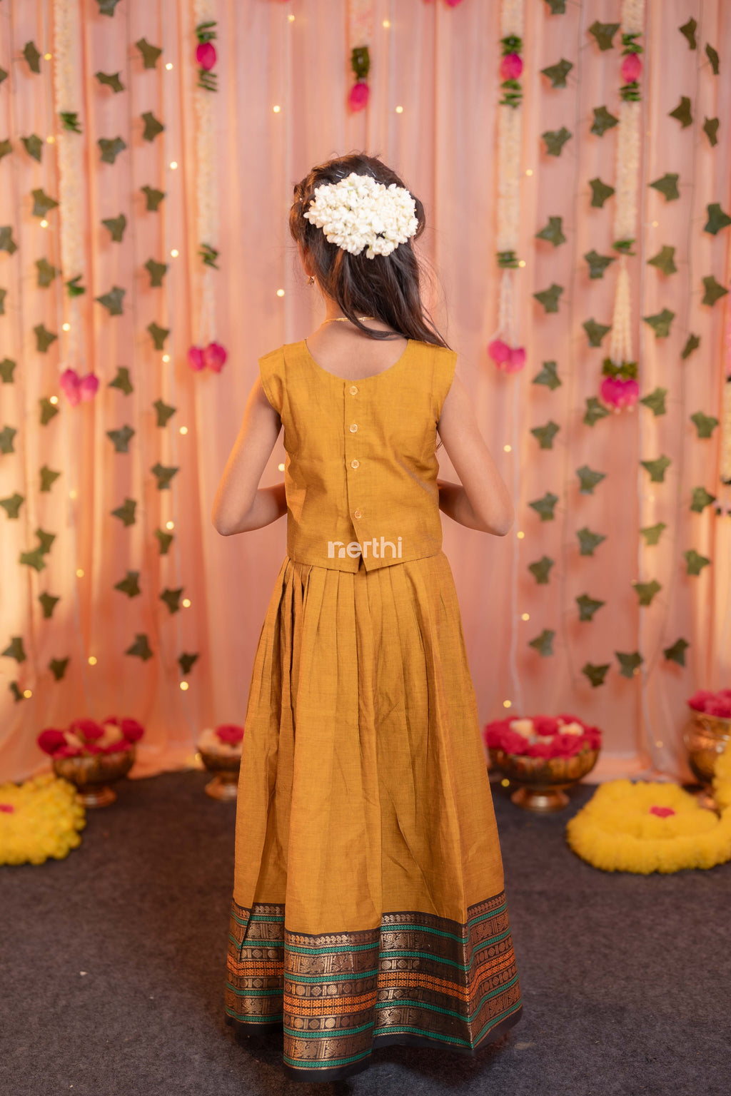 Brownish Orange Chettinad Cotton Paavadai Sattai (Top & Skirt) - #NT001