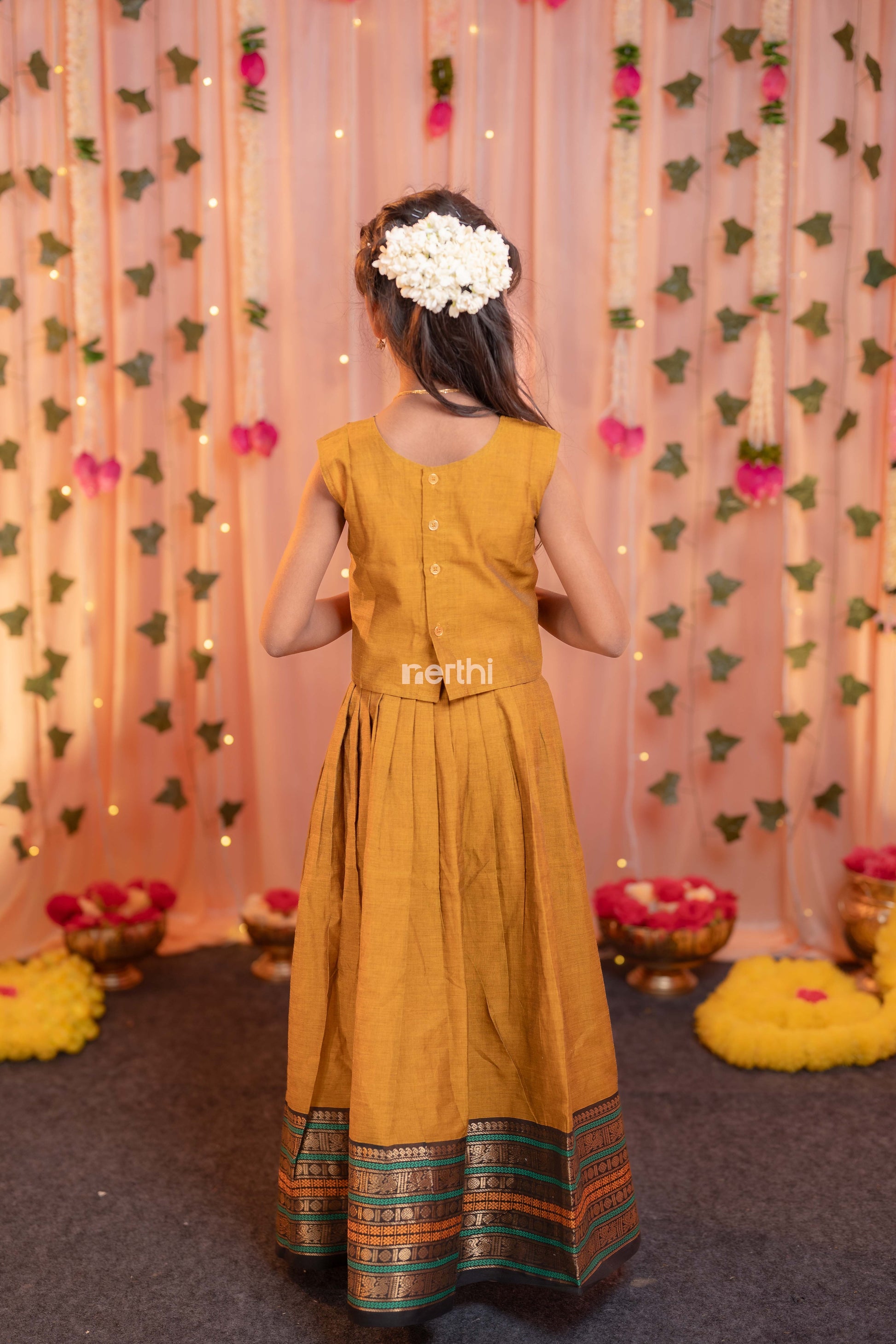 Brownish Orange Chettinad Cotton Paavadai Sattai (Top & Skirt) - #NT001