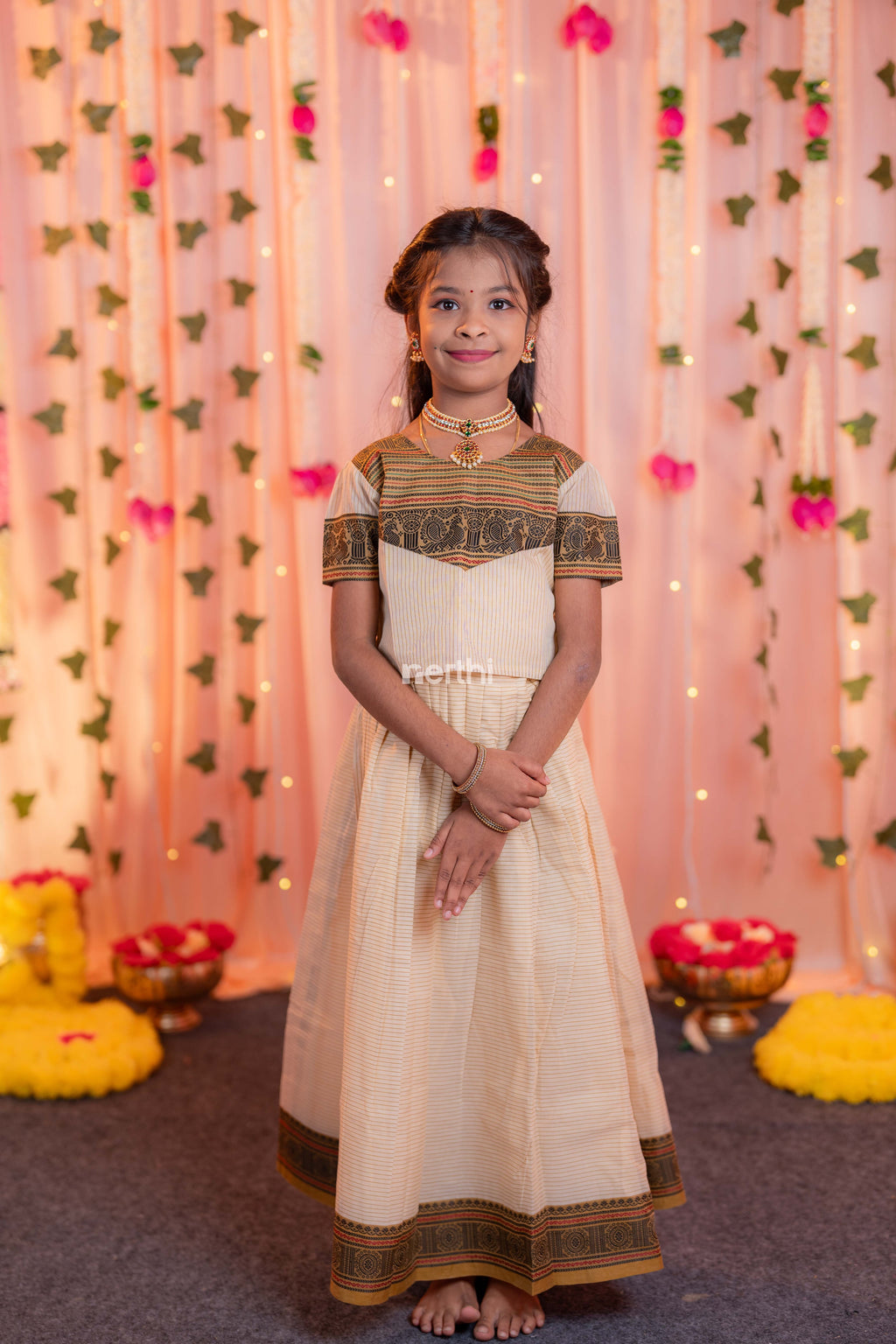 Off White Chettinad Cotton Paavadai Sattai (Top & Skirt) - #NT002