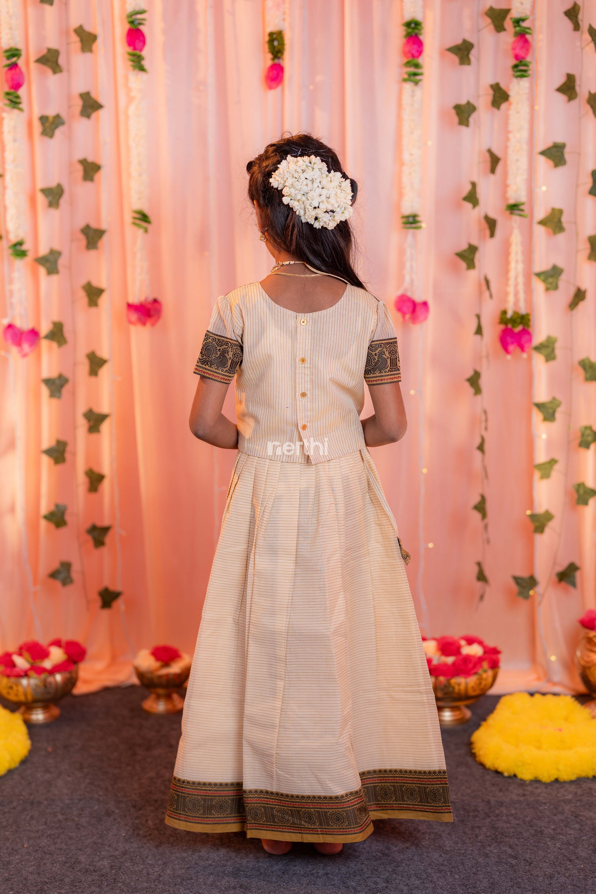 Off White Chettinad Cotton Paavadai Sattai (Top & Skirt) - #NT002