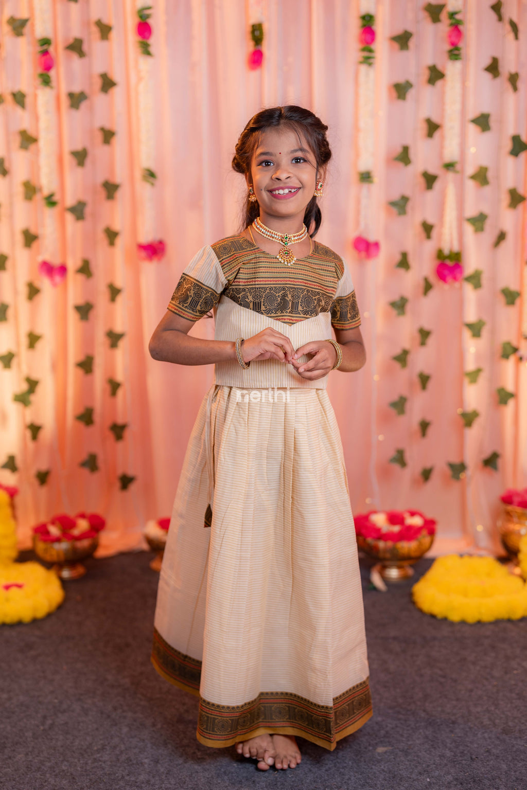 Off White Chettinad Cotton Paavadai Sattai (Top & Skirt) - #NT002