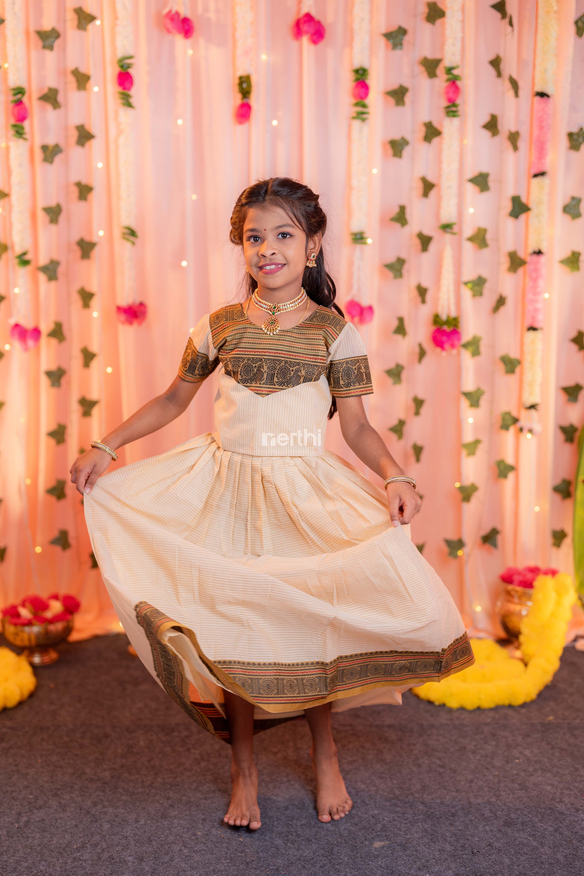 Off White Chettinad Cotton Paavadai Sattai (Top & Skirt) - #NT002