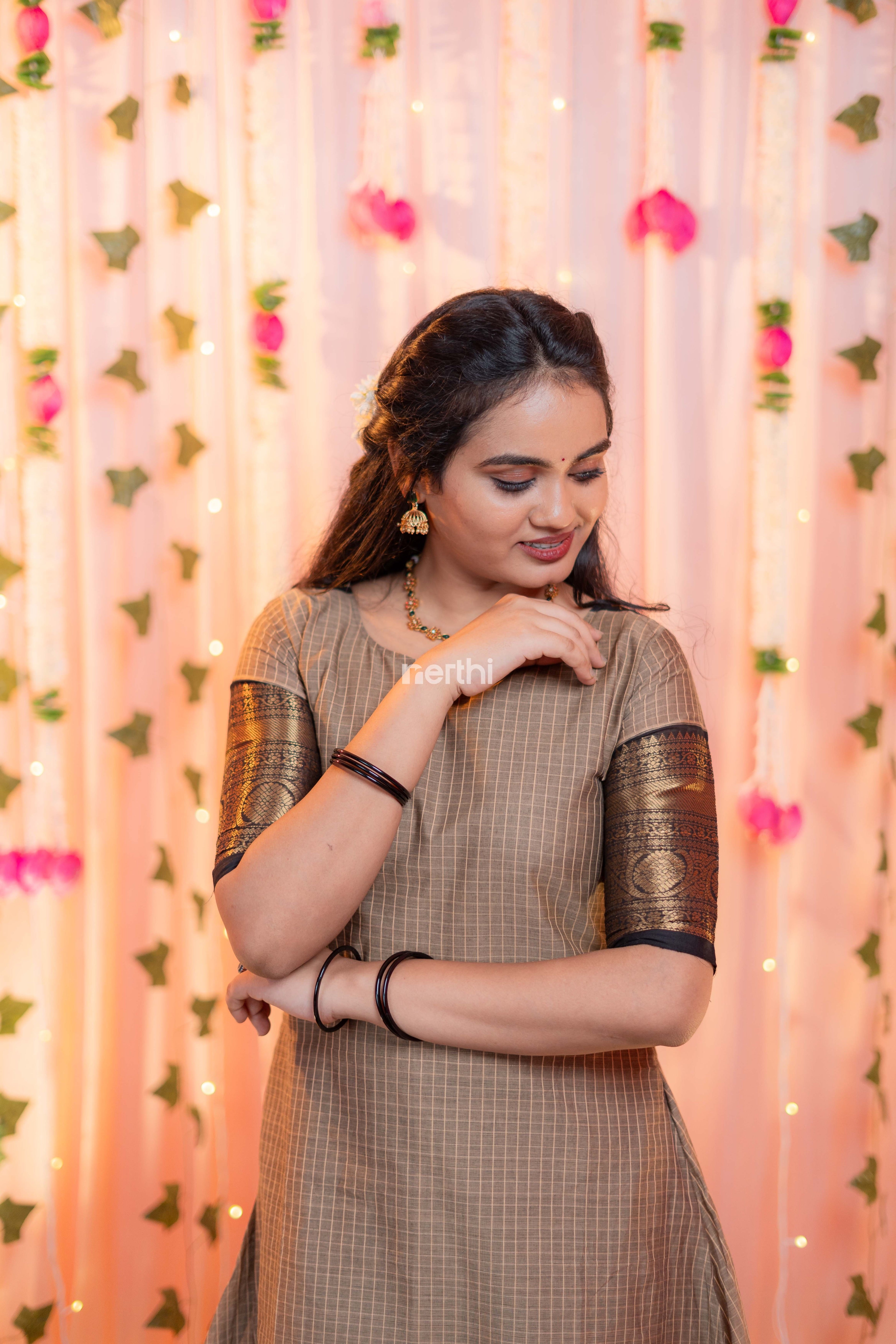 Light Brown Chettinad Cotton A-Line Kurti - #NK006