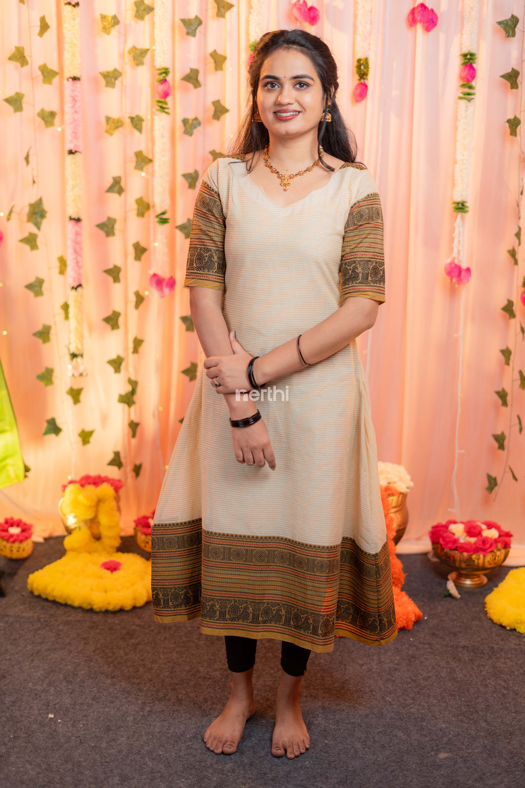 Off white Chettinad Cotton A-Line Kurti - #NK005