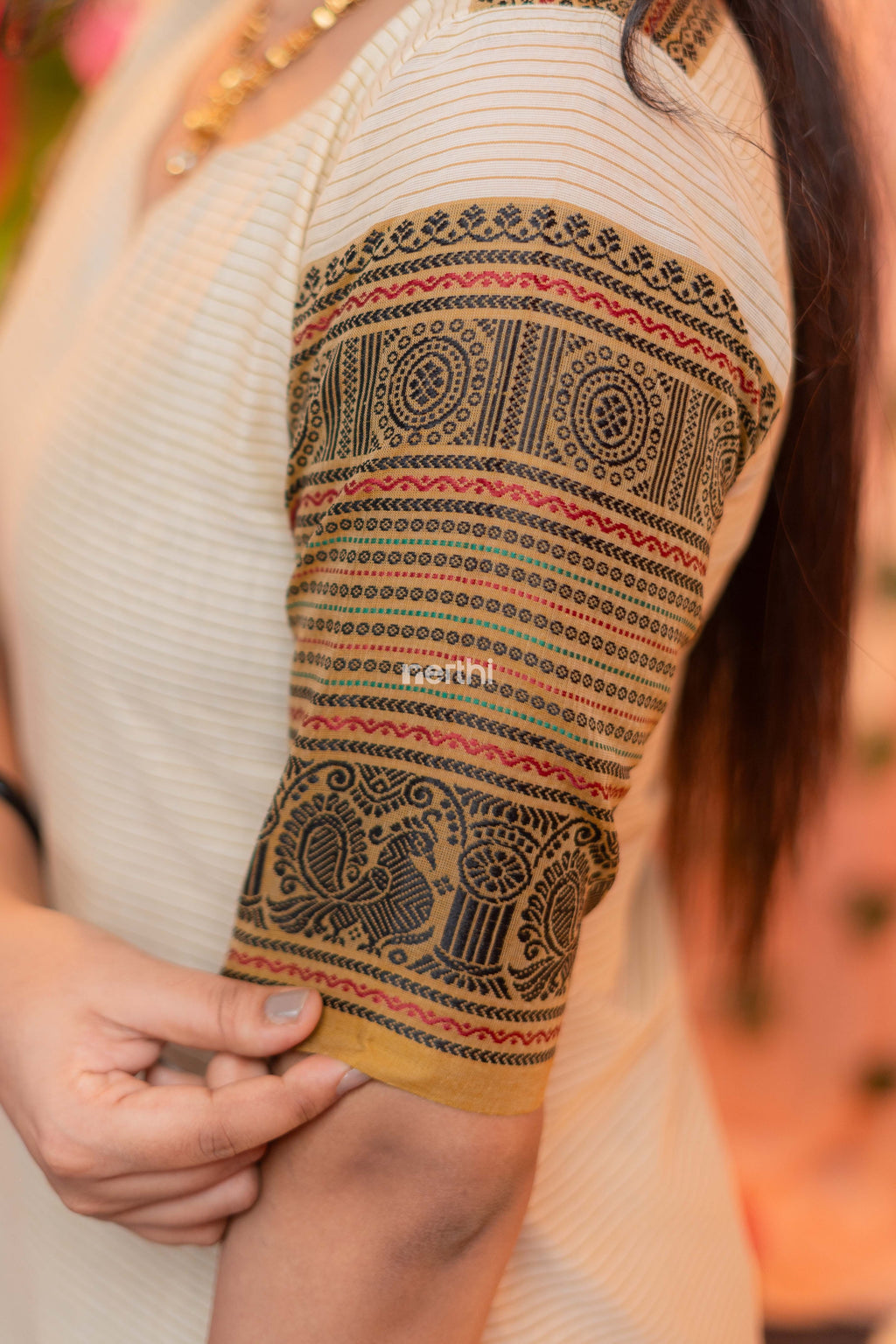 Off white Chettinad Cotton A-Line Kurti - #NK005