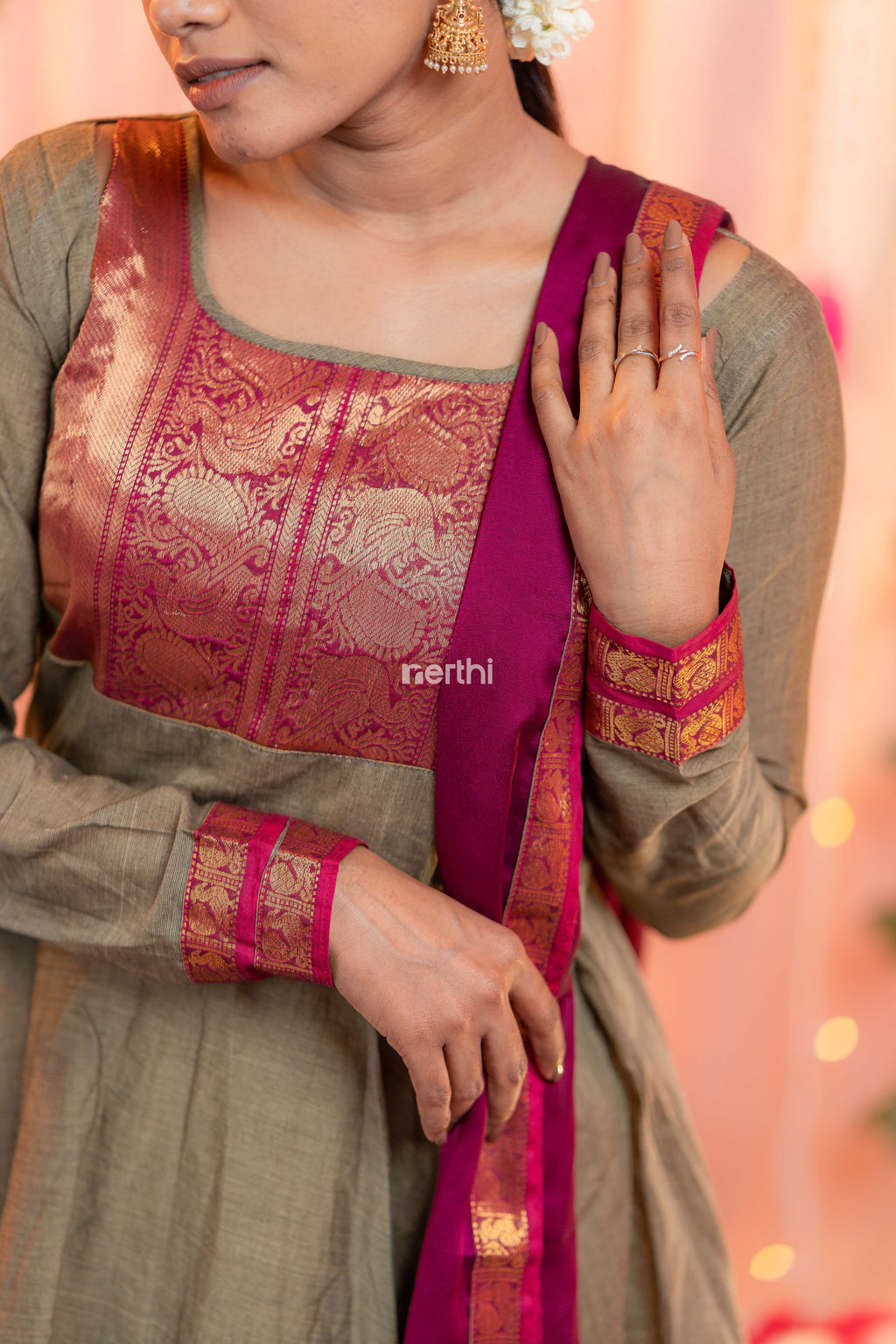 Grey and Pink Chettinad Cotton Anarkali - #NA006