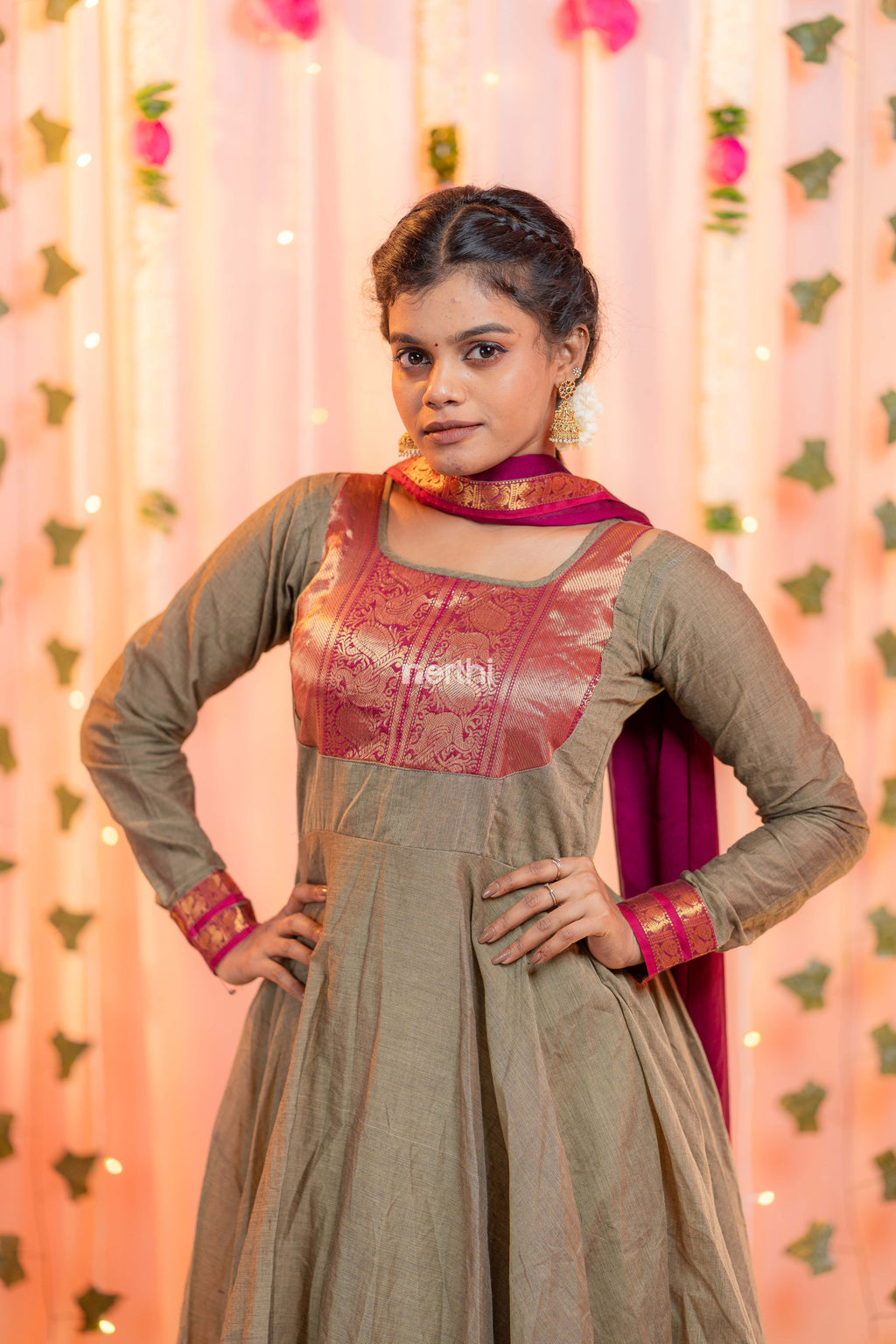 Grey and Pink Chettinad Cotton Anarkali - #NA006