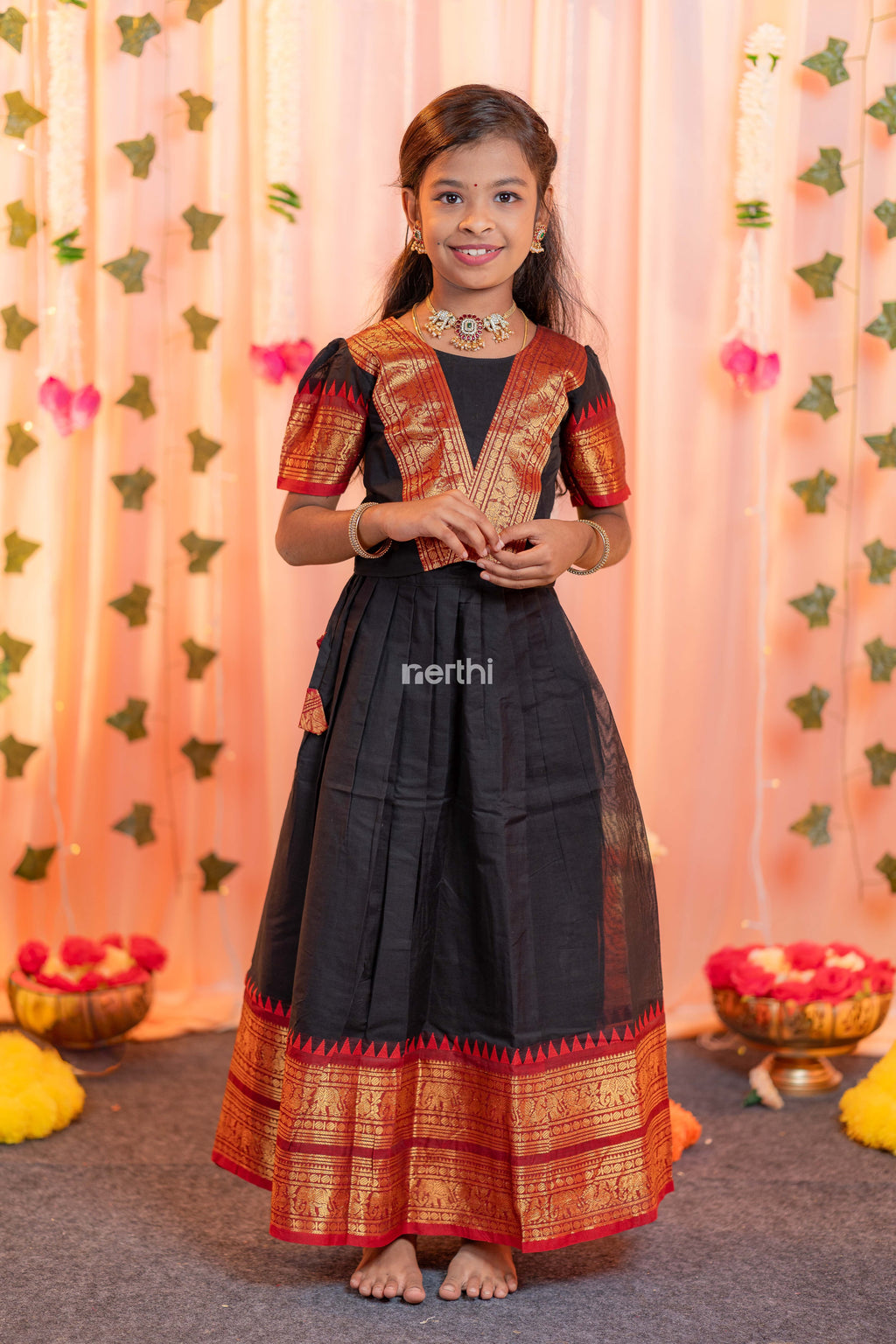 Black Chettinad Cotton Paavadai Sattai (Top & Skirt) - #NT003