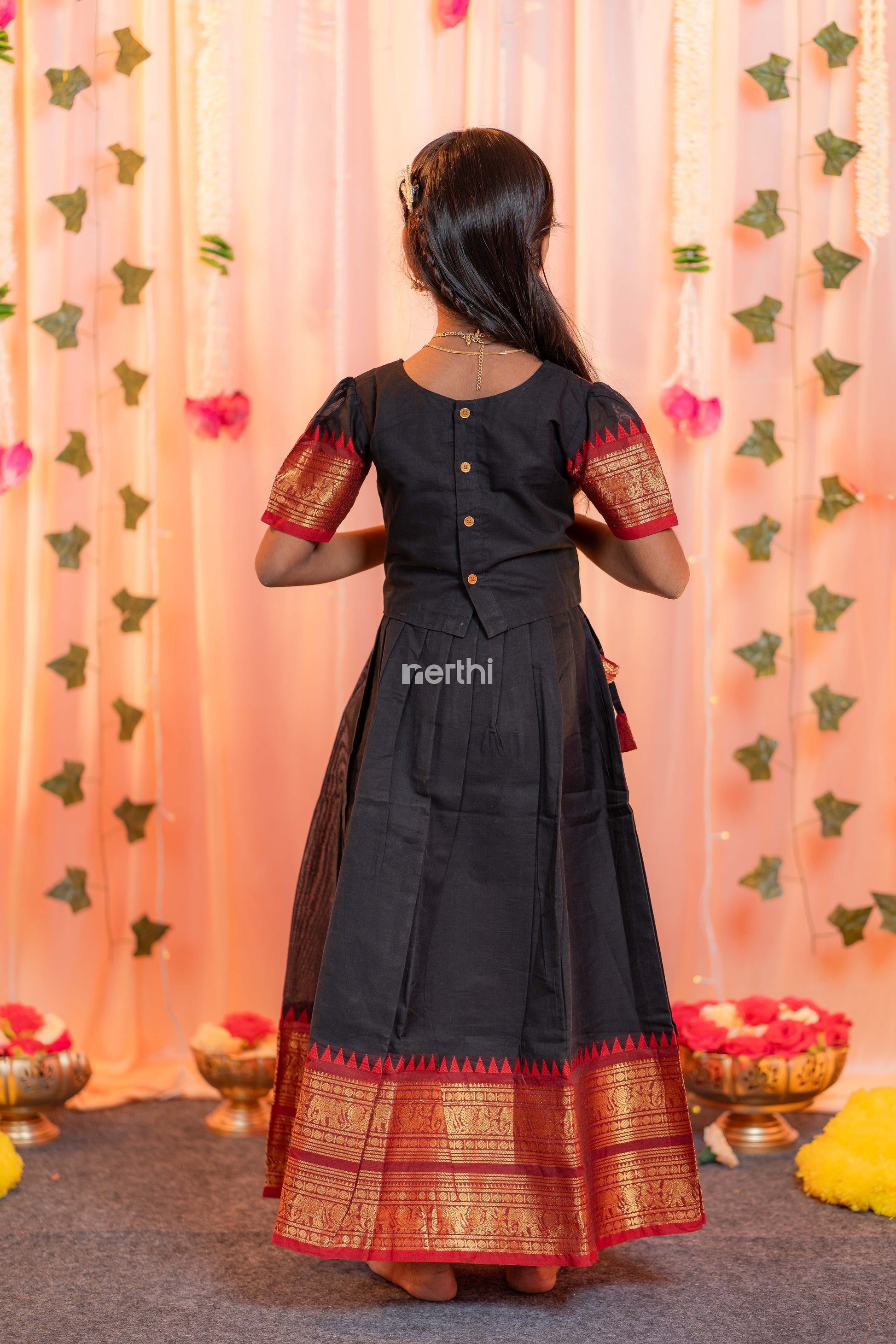 Black Chettinad Cotton Paavadai Sattai (Top & Skirt) - #NT003